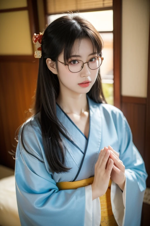 (( top quality)), ((傑 top quality、masterpiece、High sensitivity、 high resolution、 detailed depiction 、 delicate face depiction ))Slender Woman、Glasses、 for the first time、Praying at the Shrine 、Long-sleeved kimono、