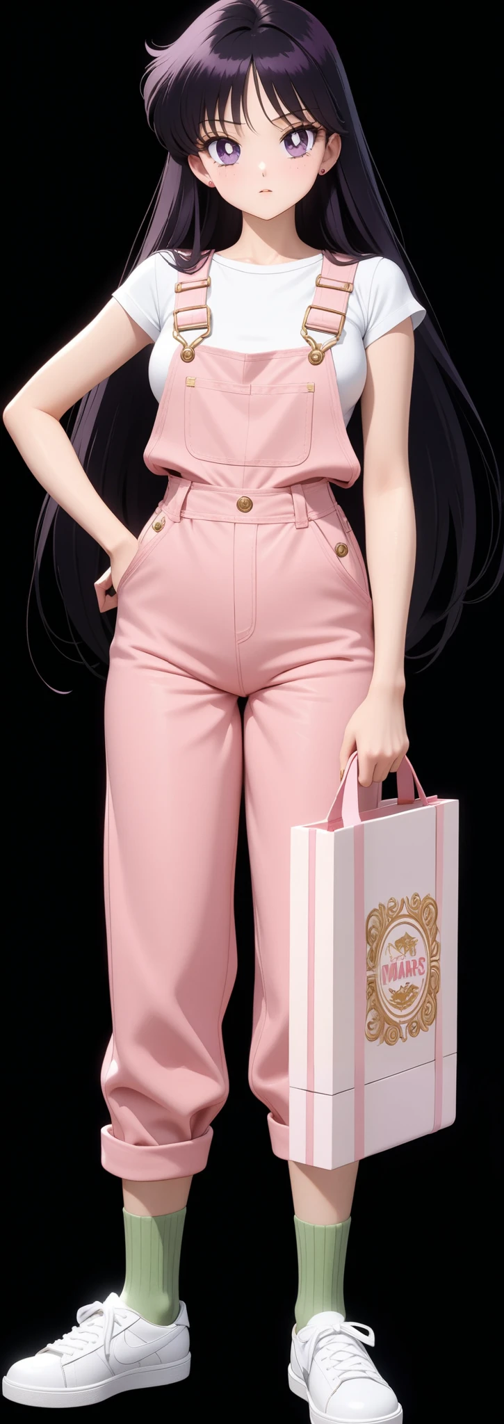 (masterpiece, best quality, very aesthetic, ultra detailed), intricate details, 4k, aamars, long hair, black hair, white top, pink women's overalls, green socks, white shoes