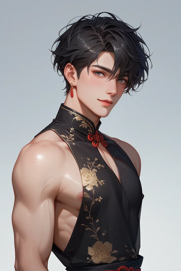 a male, big butt, big breast , wearing a crown, filler-lips , short black male style hair, wear a sexy Chinese clothes, show off his big breast, front view, simple background