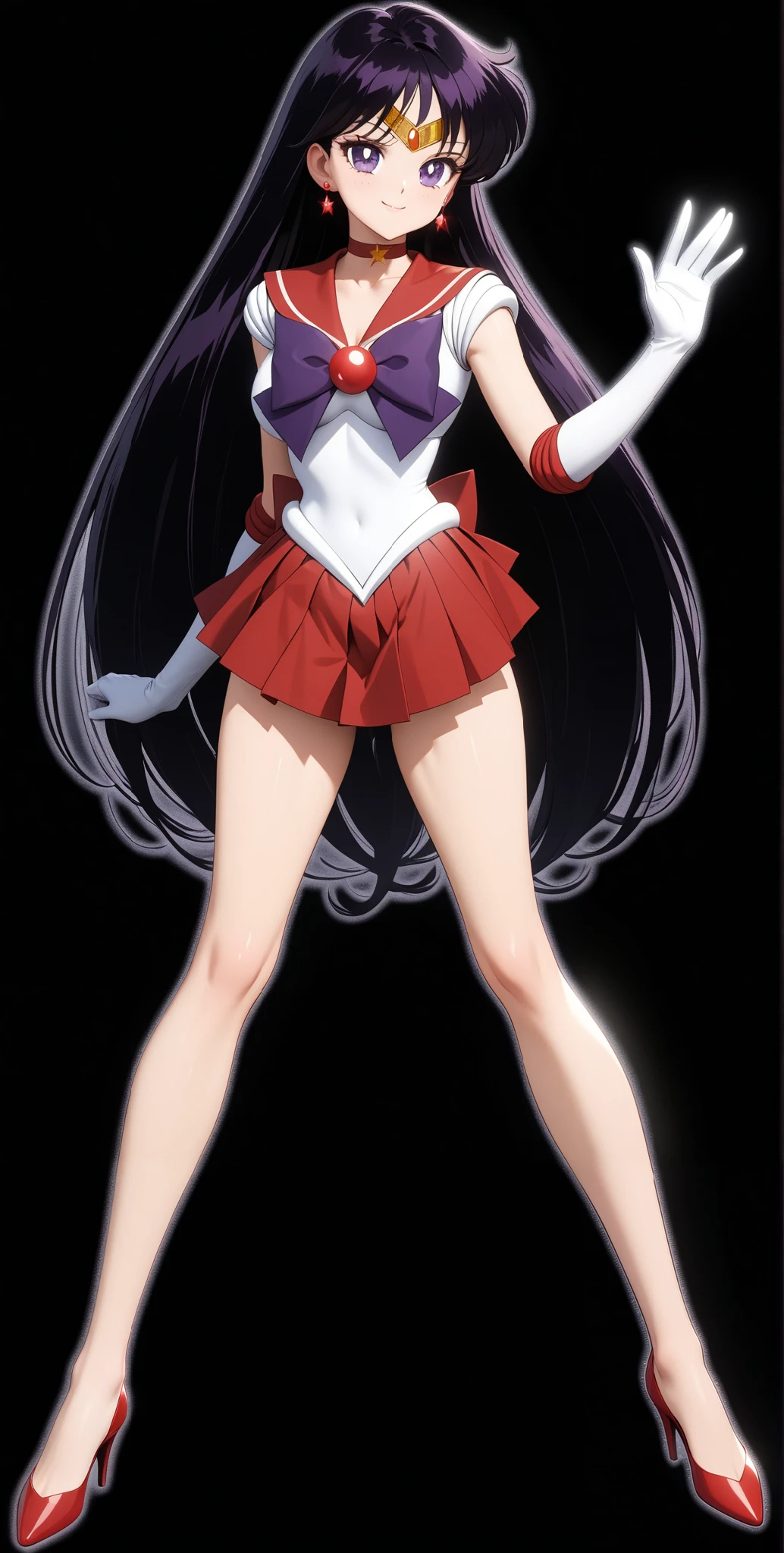 (masterpiece, best quality, very aesthetic, ultra detailed), intricate details, 4k, aamars, long hair, black hair, tiara, purple eyes, earrings, red choker, red sailor collar, purple bowtie, white shirt, elbow gloves, white gloves, pleated skirt, red skirt, bare legs, red heels, smile