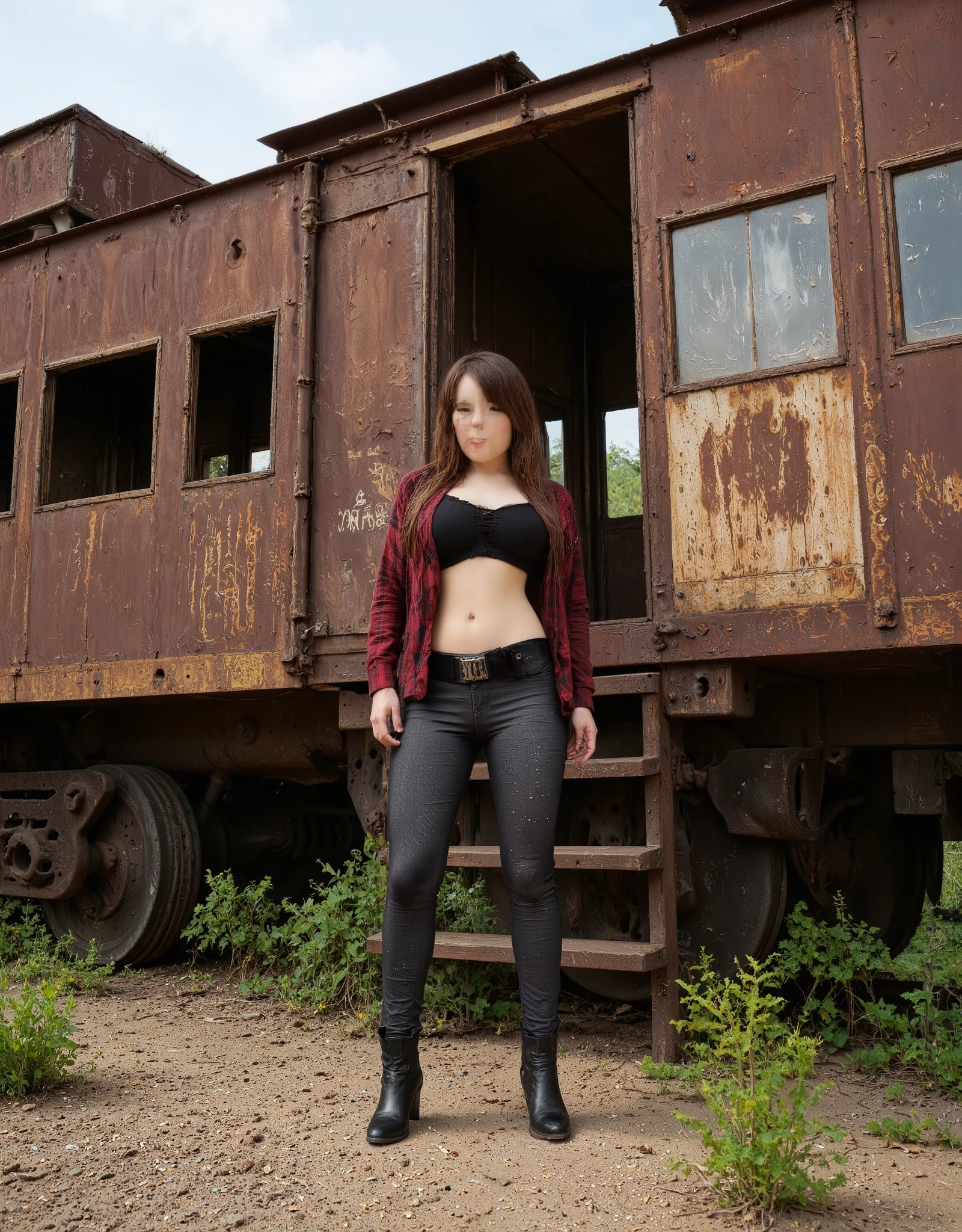 Cinematic shot, bottom view, of a young woman beside weathered abandoned train car, rusted metal, summer sunlight, long-sleeved plaid shirt over spaghetti-strap crop top, snug jeans, sturdy boots, overgrown landscape, vibrant green weeds, cracked earth, intricate rust patterns, natural golden light, soft shadows, atmosphere of nostalgia and freedom, youthful spirit against decay, adventure and exploration --ar 16:9 --s 500 --v 6 --stylize 750