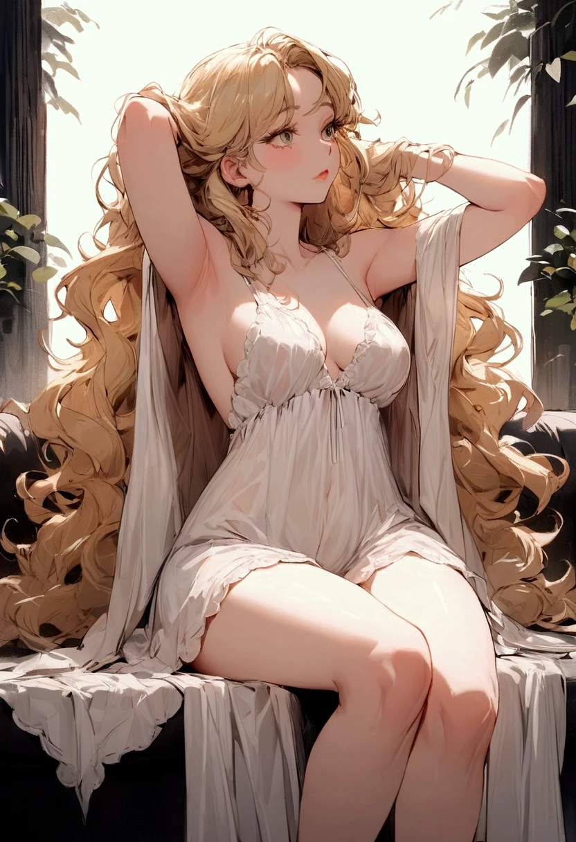 cool beauty, sitting on a sofa with her hands behind her head and looking slightly upwards, lost in thought, blonde long thick eyelashes, blonde shining glossy silky fluffy messy wavy hair, sexy beauty expression, lewd great body proportion, wearing lewd loose wearing white floral cute negligee, ultra detailed, absolutely resolution, masterpiece, BREAK red glossy real lip