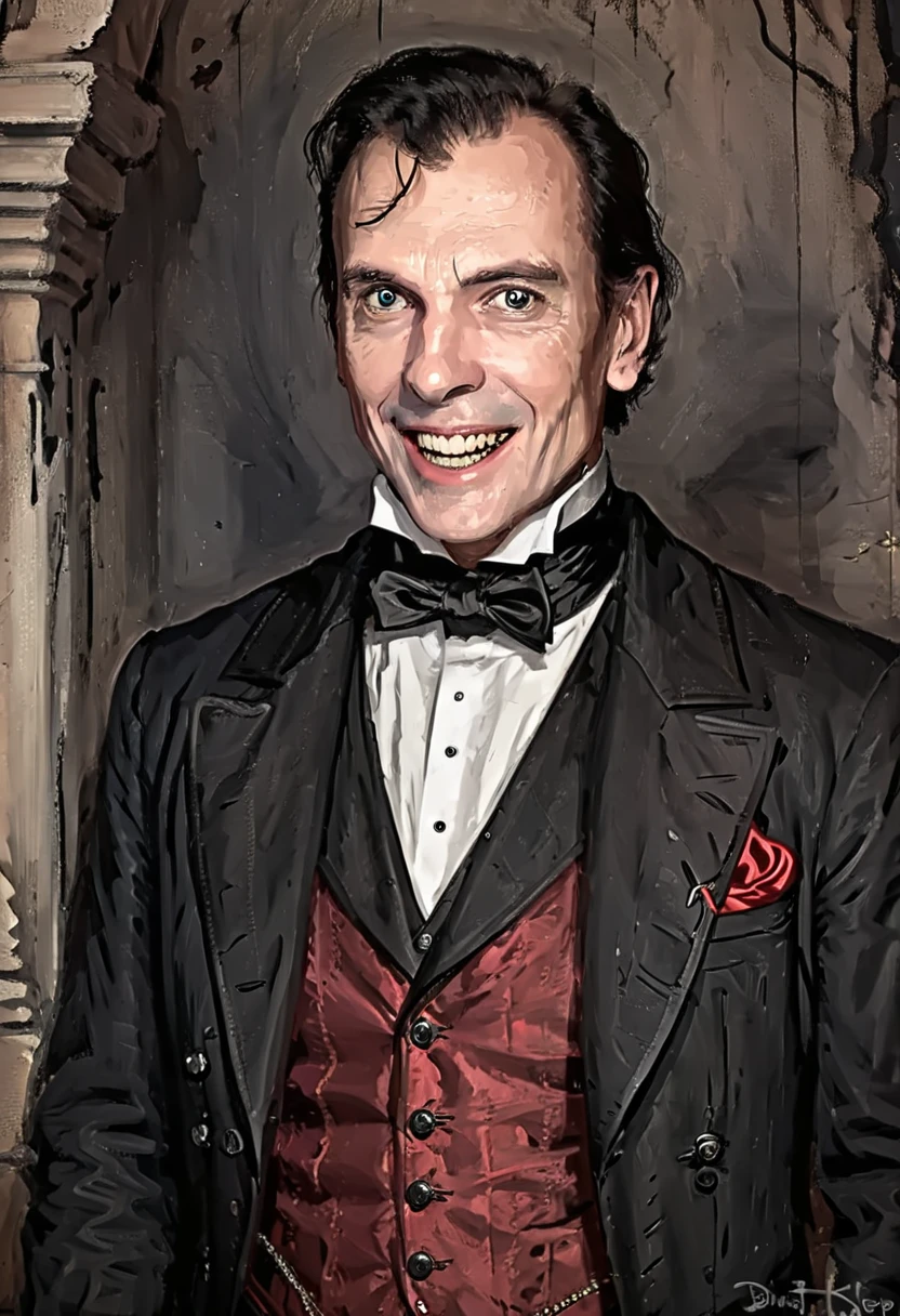 illustrate (((portrait from the waist up))) of @alexmd 50 year old vampire in a tailcoat, crooked evil grin, long fangs, crypt , disney style