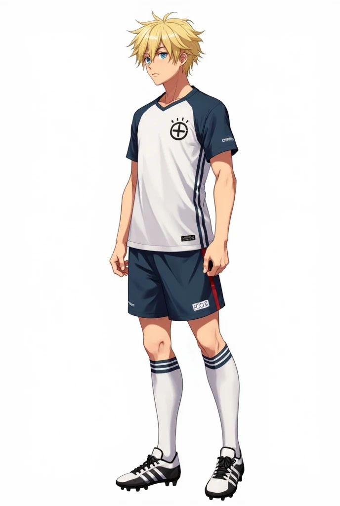  Create a highly detailed anime-style character sheet of a male soccer player 20 years old .  The character is a young, athletic man with short, slightly messy blond hair and bright blue eyes.  His build is slim and muscular , , demonstrating his athletic ability .  He wears a modern soccer uniform with a ,  shorts, stockings and ankle boots ,  all in a clean and elegant design . It includes a front view ,  type a side view and a rear view of the character .  The background must be smooth white to focus on the character . the design must be of the character turnaround 