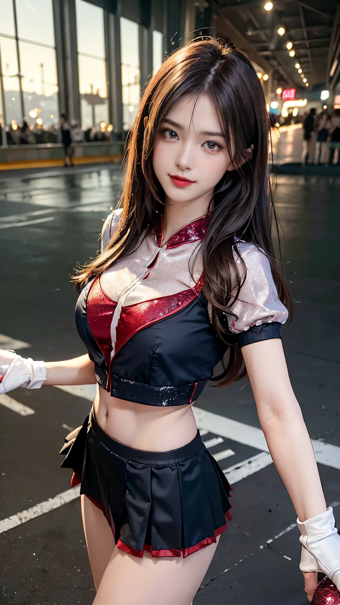 Two boys, elder, Young Asian Woman Photo (二人のelderに挟まれて), Race Queen、Uniform with sponsor logo Red uniform、Earrings、, Thigh length skirt , threesome, In a crowded elevator, detailed character design (masterpiece, Realistic:1.2), high quality, Intricate details, Highly detailed background, 8K