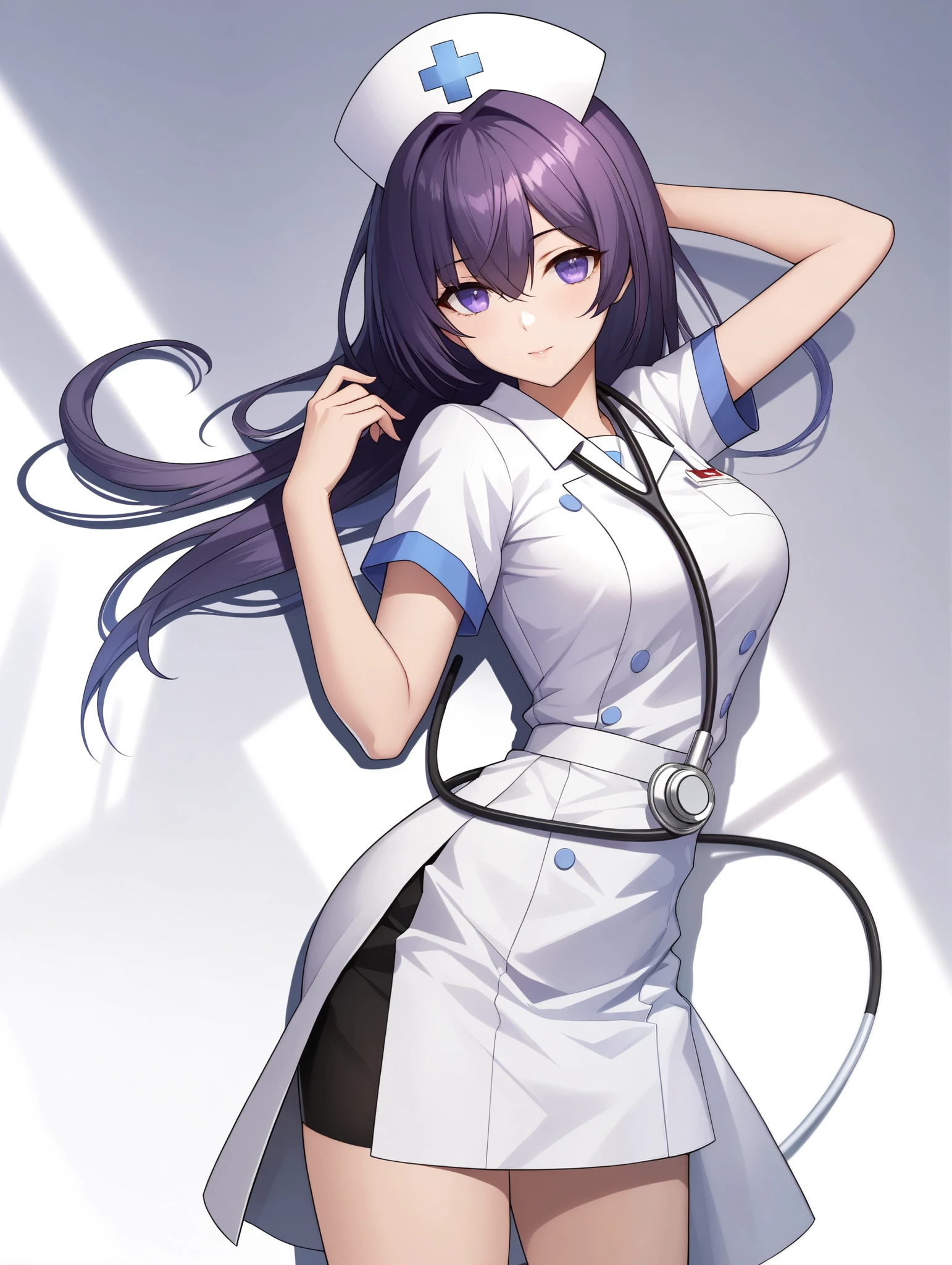 (masterpiece, top quality, best quality, official art, beautiful and aesthetic:1.2),(8k, best quality, masterpiece:1.2), (((masterpiece))),(((best quality))),(((extremely detailed))),illustration,who, (masterpiece, top quality, best quality, official art, beautiful and aesthetic:1.2),(8k, best quality, masterpiece:1.2), (Masterpiece, Best quality, best shadow), (detailed background), 1girl, One, girl, Honkai: star rail, Acheron, purple hair, long hair, shorts, one eye hidden behind hair, hair over one eye, purple eyes, nurse uniform smooth, nurse, nurse hat, stethoscope,