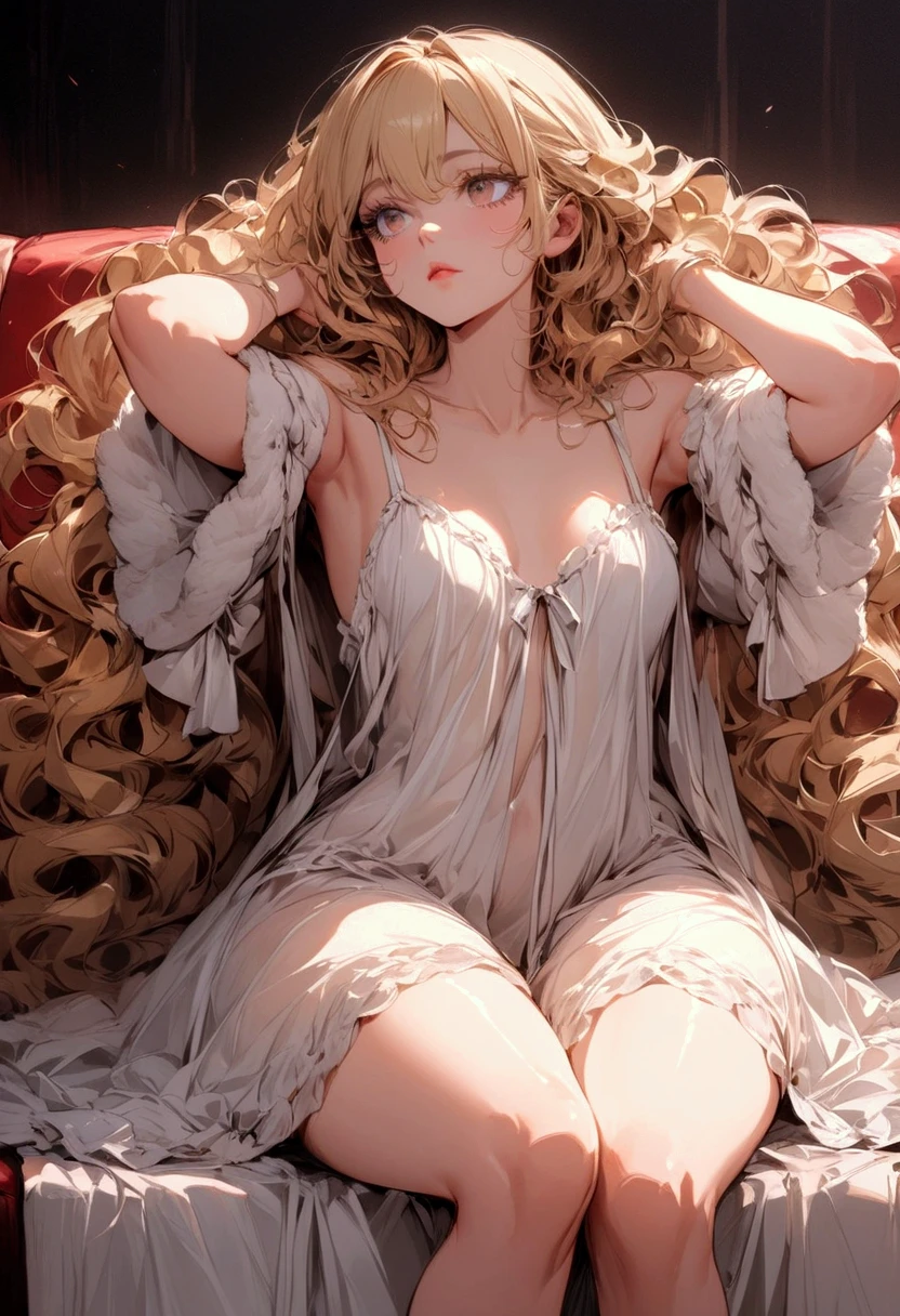 cool beauty, sitting on a sofa with her hands behind her head and looking slightly upwards, lost in thought, blonde long thick eyelashes, blonde shining glossy silky fluffy messy wavy hair, sexy beauty expression, lewd great body proportion, wearing lewd loose wearing white floral cute negligee, ultra detailed, absolutely resolution, masterpiece, BREAK red glossy real lip