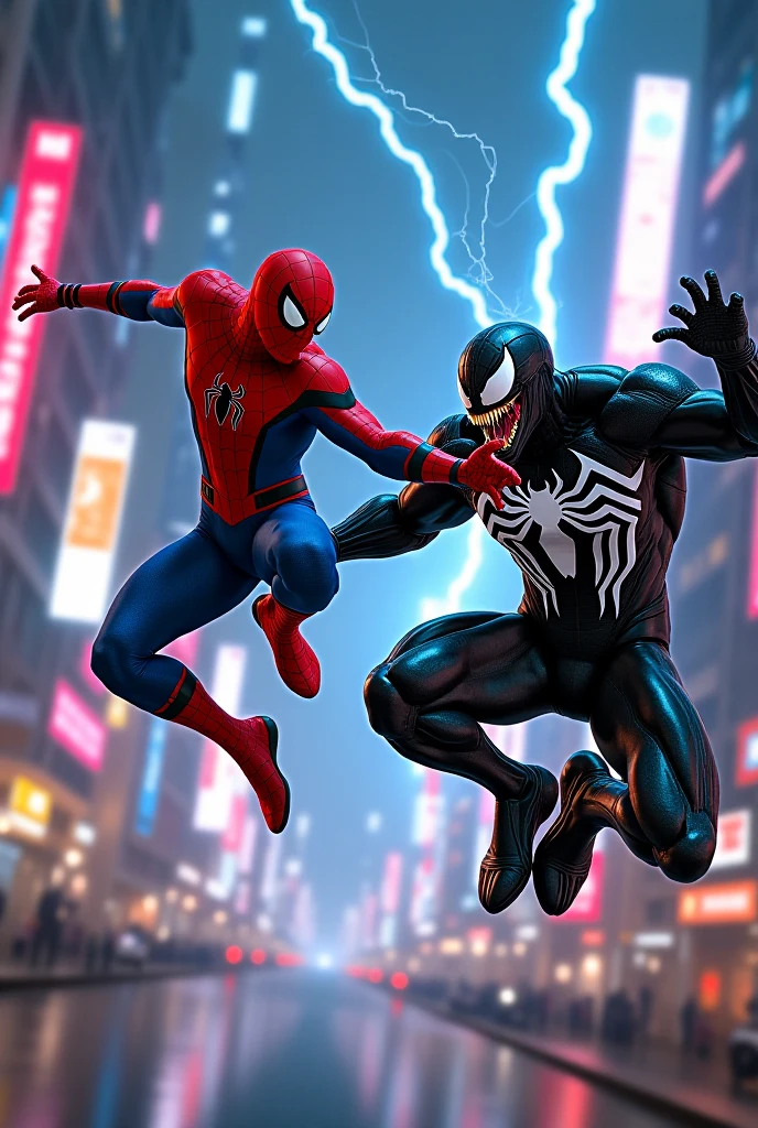 Nighttime Duel: "A tense standoff between Spider-Man and Venom on a rain-soaked rooftop. The rain creates a reflective surface on the ground, and lightning flashes in the background, illuminating both characters in a moment of stillness before the fight."