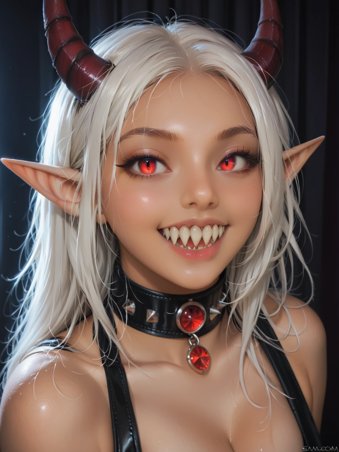 A photo of a woman with massive cleavage, (glowing red cat eyes:1.4), (long pointed ears:1.2), (large wide mouth:1.3), (shark teeth:1.5), (fangs:1.2), (neck collar:1.2), (dark tan skin:1.5), (white hair:1.2), (curved horns:1.1), wearing a black leather dominatrix outfit with red leather trim, glowing red jewels, sinister smile, detailed face, detailed eyes, detailed lips, detailed chest, highest quality, masterpiece, hyper-realistic, extremely detailed, intricate details, ultra high resolution, 8k, focus on face