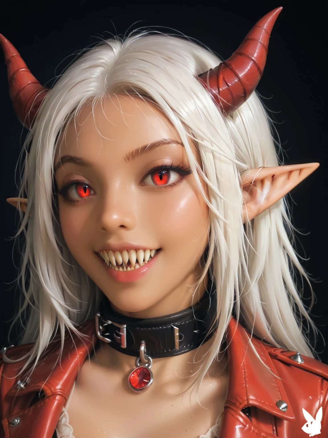 A photo of a woman with massive cleavage, (glowing red cat eyes:1.4), (long pointed ears:1.2), (large wide mouth:1.3), (shark teeth:1.5), (fangs:1.2), (neck collar:1.2), (dark tan skin:1.5), (white hair:1.2), (curved horns:1.1), wearing a black leather dominatrix outfit with red leather trim, glowing red jewels, sinister smile, detailed face, detailed eyes, detailed lips, detailed chest, highest quality, masterpiece, hyper-realistic, extremely detailed, intricate details, ultra high resolution, 8k, focus on face