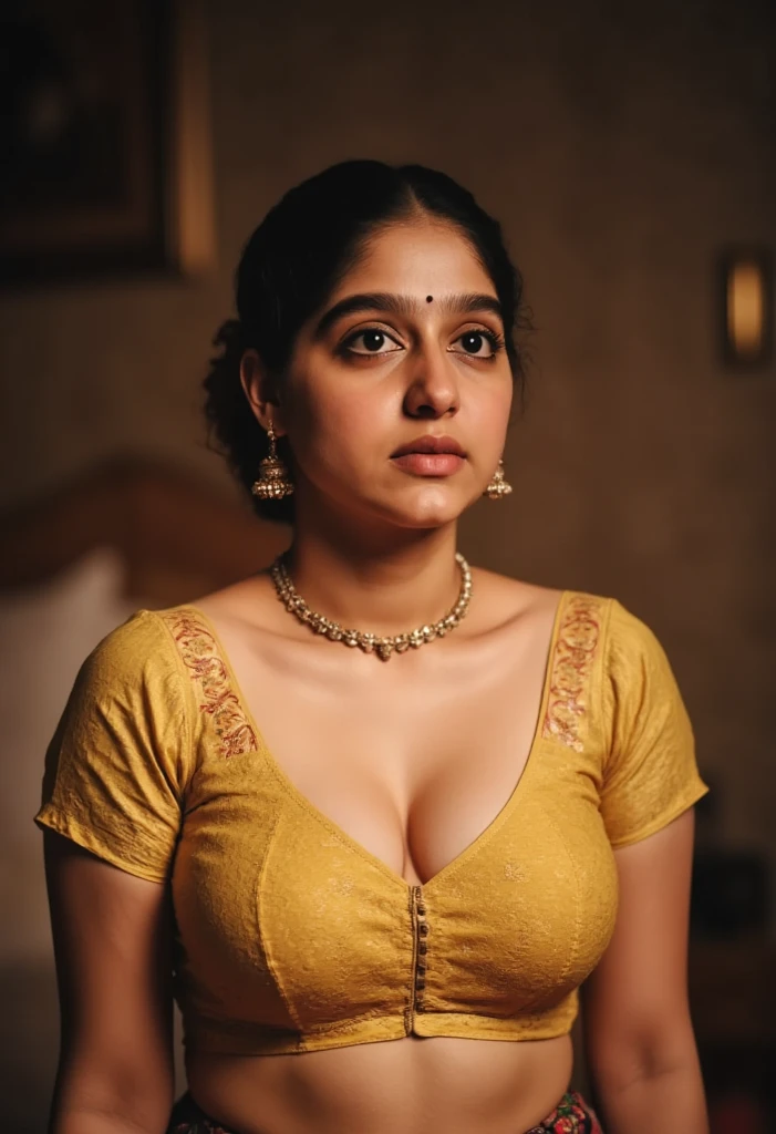 skinny but fit 21 year old girl ,full body portrait, standing in bedroom, wearing navel chain, sexy blouses, breasts,  different colour sarees, fit and curvy body, sleeveless blouse, costly room, bangles in hand, bindi in forehead, 8k, thick thighs intricate details big
