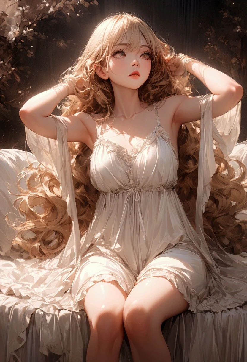 cool beauty, sitting on a sofa with her hands behind her head and looking slightly upwards, lost in thought, blonde long thick eyelashes, blonde shining glossy silky fluffy messy wavy hair, sexy beauty expression, lewd great body proportion, wearing lewd loose wearing white floral cute negligee, professional and perfect composition, extremely delicate depiction, extremely clear image, various effects, bold and dynamic, contrasts of light and shadow, 2.5D, artistic photography, hyper realistic, ultra detailed, absolutely resolution, masterpiece, BREAK red glossy real lip