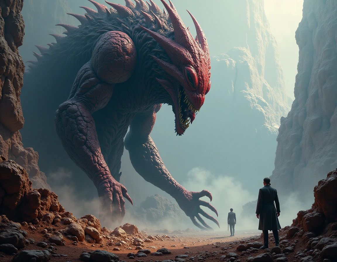 A very detailed painting，Depicts a man on a hill gazing at a giant alien monster, author：Shinkai Makoto, By Art Jem, From Wlop, author：Greg Rutkowski, Volumetric Lighting, Octane Rendering, 4K resolution, Popular on artstation, masterpiece 