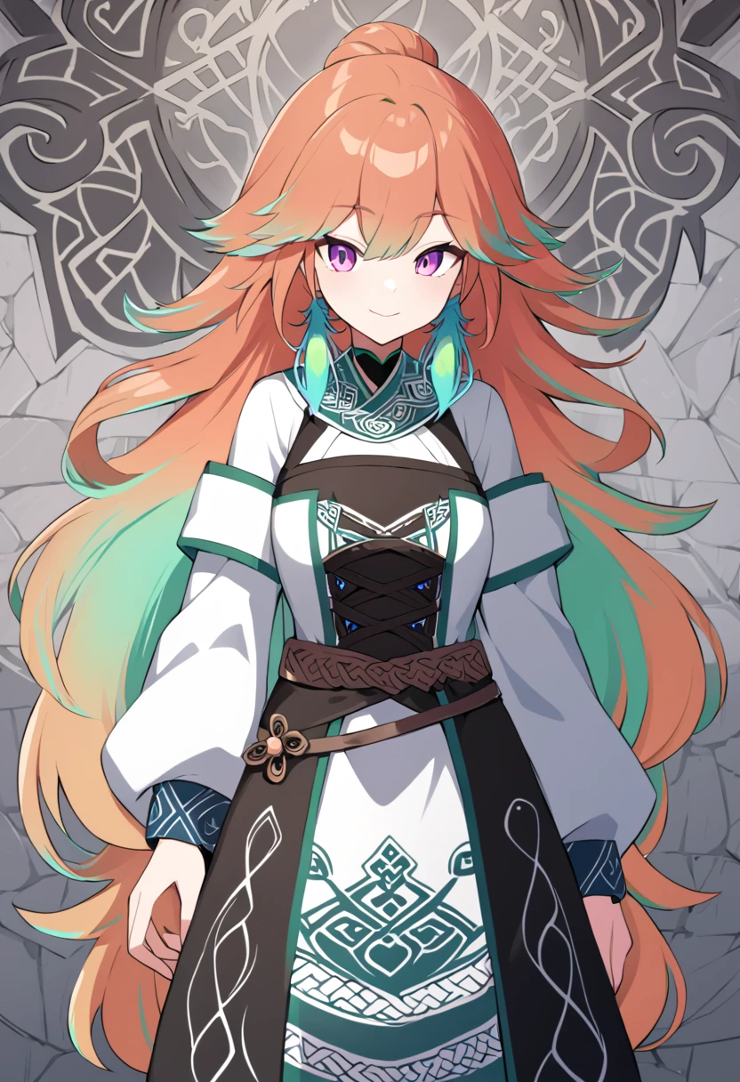 TakanashiKiara, long hair, gradient hair, hair between eyes , minstrel-warrior outfit, fur-trimmed clothing, Celtic art pattern clothing, Dungeons & Dragons