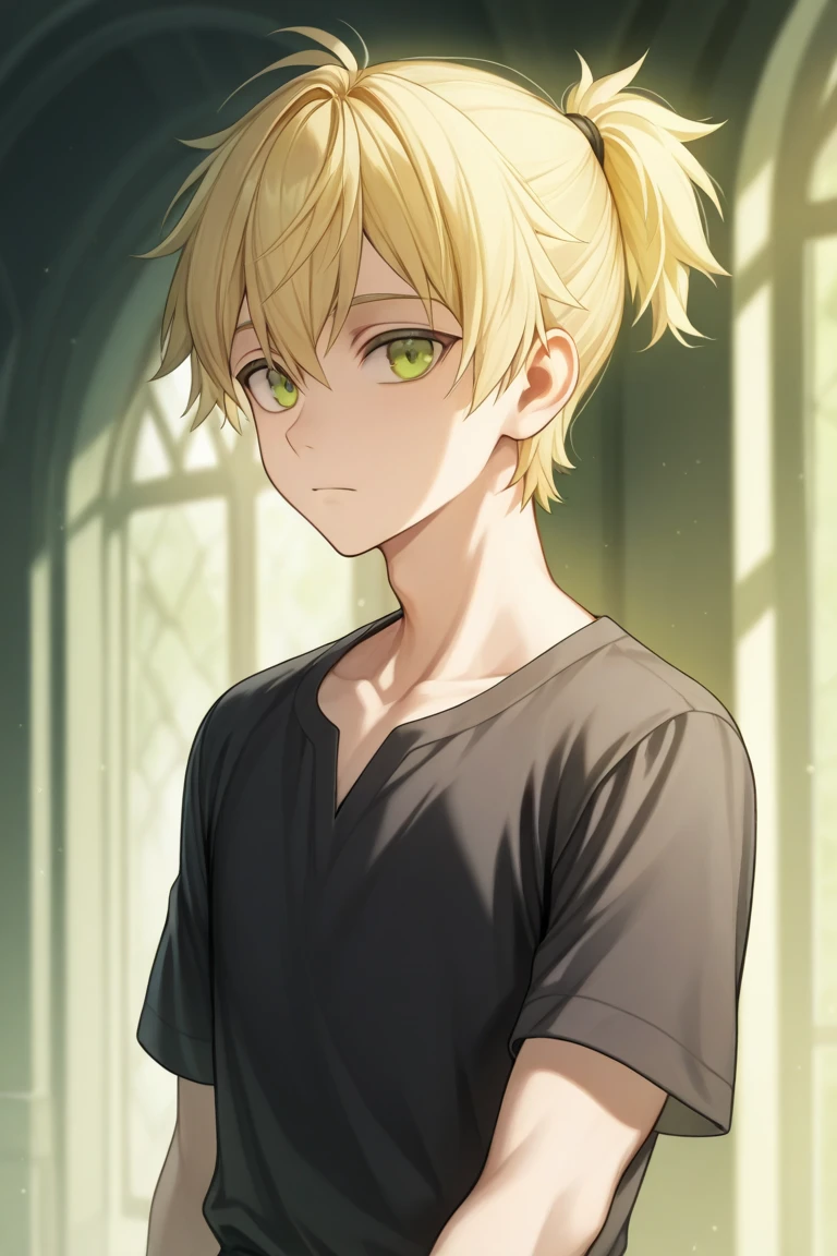 1boy,blonde,green eyes,short hair,side part,Ponytail,fair skin, calm atmosphere,black short sleeve