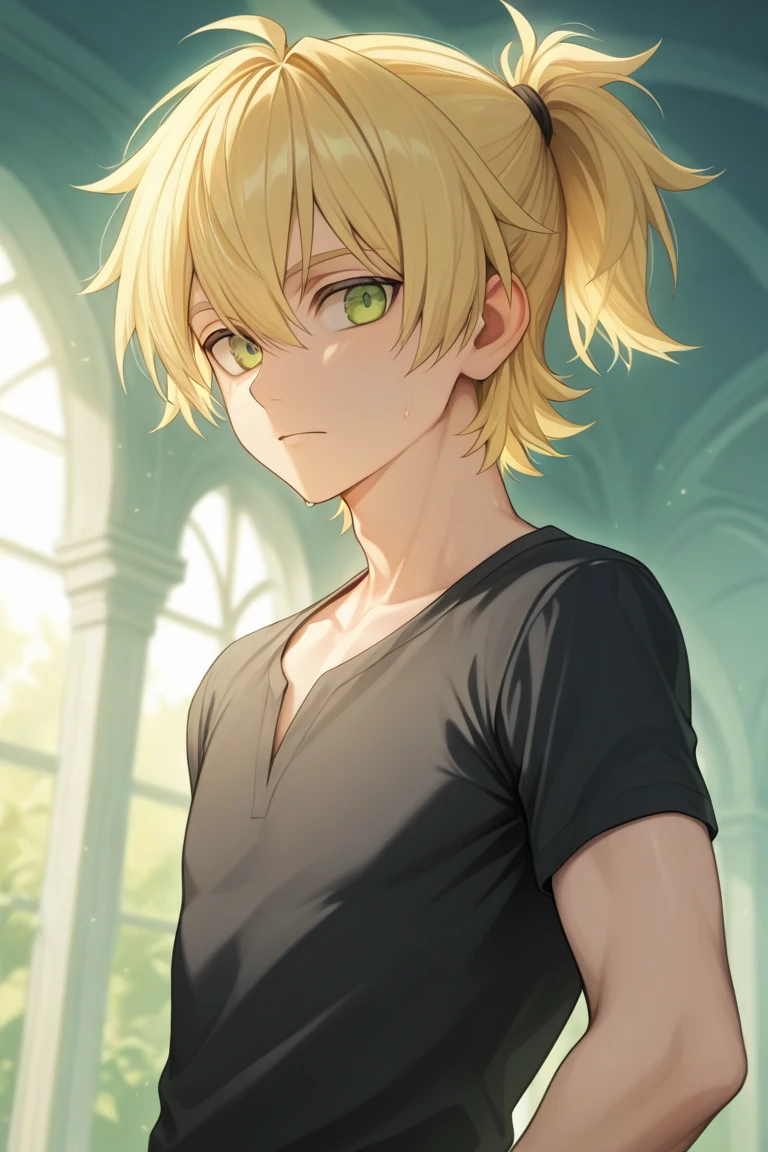 1boy,blonde,green eyes,short hair,side part,Ponytail,fair skin, calm atmosphere,black short sleeve