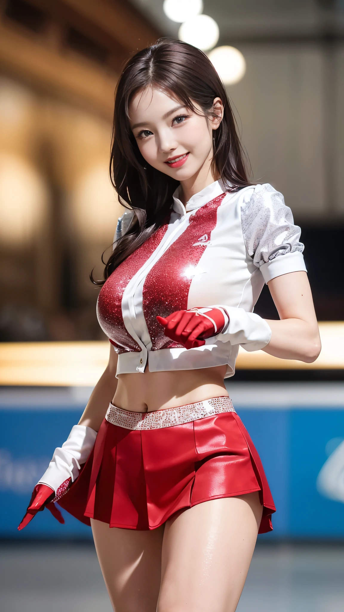 (8K, Raw photo, Best Quality, masutepiece:1.2), (Realistic, Photorealsitic:1.37), 超A high resolution, 1girl in, 18 years old, (Idol:1.4), (famous actress :1.4), (beautifull detailed face:1), Bangs,Laughing with white teeth、 (cleavage of the breast)、 (Multicolor floating hair), Skin Dentation, Light makeup, (Beautiful big breasts:1.3), (gleaming skin:1.1), Shiny skin, long limbs, slim, hanging breasted:1.3, Narrow waist, medium hips, thin legs, slim thigh, Dynamic lighting, Sexually suggestive faces, Glossy texture, lip stick, V-shaped eyebrows, v-line jaw, Looking at Viewer, (Long hair:1.3), (Perfect face:1.4), ((heavy wind)), Flowing hair, audience, (Smile:1.3), blue-sky, (((Monte Carlo Street Circuit))), (((racing car))), (((Racing Bikes))), ((Promotion Girl:1.3)), ((Grid Girl:1)), Pink lip, Light makeup, (Detailed promotional costumes are intricately worn:1.10), lace-up boots, Short sleeves, cropped tops, ((Short jacket:1)), (Tube Top Bra:1), knee high, (((Nylon short sleeve jacket with many logos))), (Knee Length Glitter Nylon Pleated Skirt), ((Asymmetrical medium size nylon pleated skirt)), small ass, ((Promotional wear with logo)), (((Red and White Glitter Promotional Wear))), Fingerless gloves, Navel View Style, A dark-haired, Brown hair, Red hair, Blue eyes, (sweat drop:1), (Dynamic Angle), Walking, bending forward, audience,メタリックカラーのコスチューム