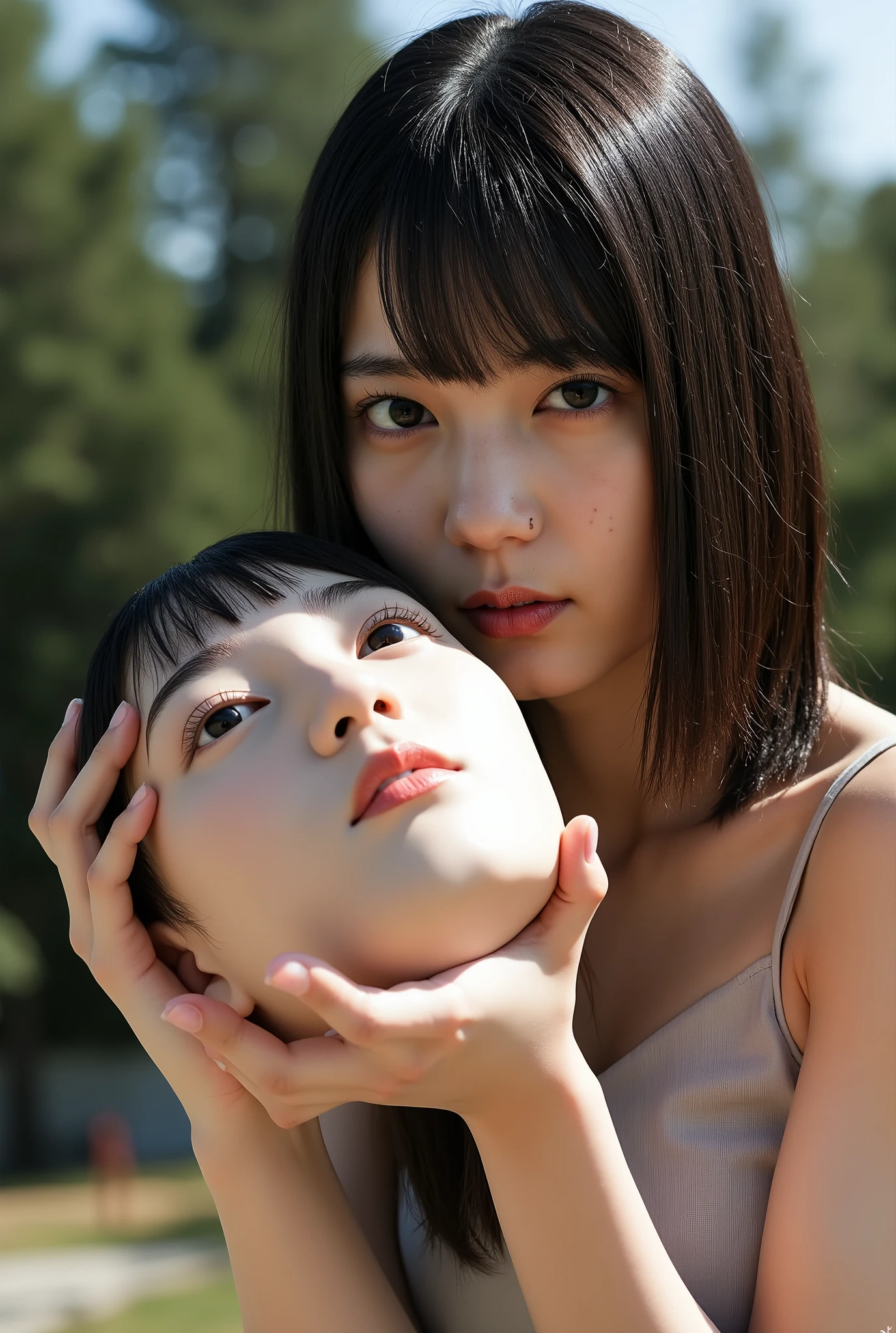 (The high resolution photograph of a young Japanese woman), photo realistic, masterpiece, amazing quality, intricate details, professional lighting, close-up of her head, face focus, black hair with thick blunt bangs, detailed face, detailed eyes, sophisticated nose, (holding disembodied own head), view from front, looking at the viewer, outdoors, bright, daylight,