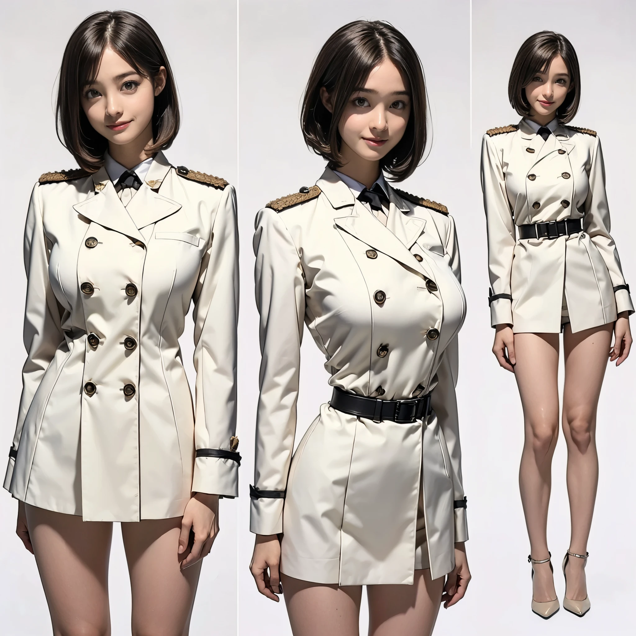 Highest quality、masterpiece、8k、Very detailed、Realistic、Looking at me with a smile、whole body、Black Hair、Short Hair、Small face、Slender、(Very large breasts:1.2)、Thin and beautiful legs、narrow and constricted waist,、(Tight reception uniform:1.2)、Black jacket、Black short tight skirt