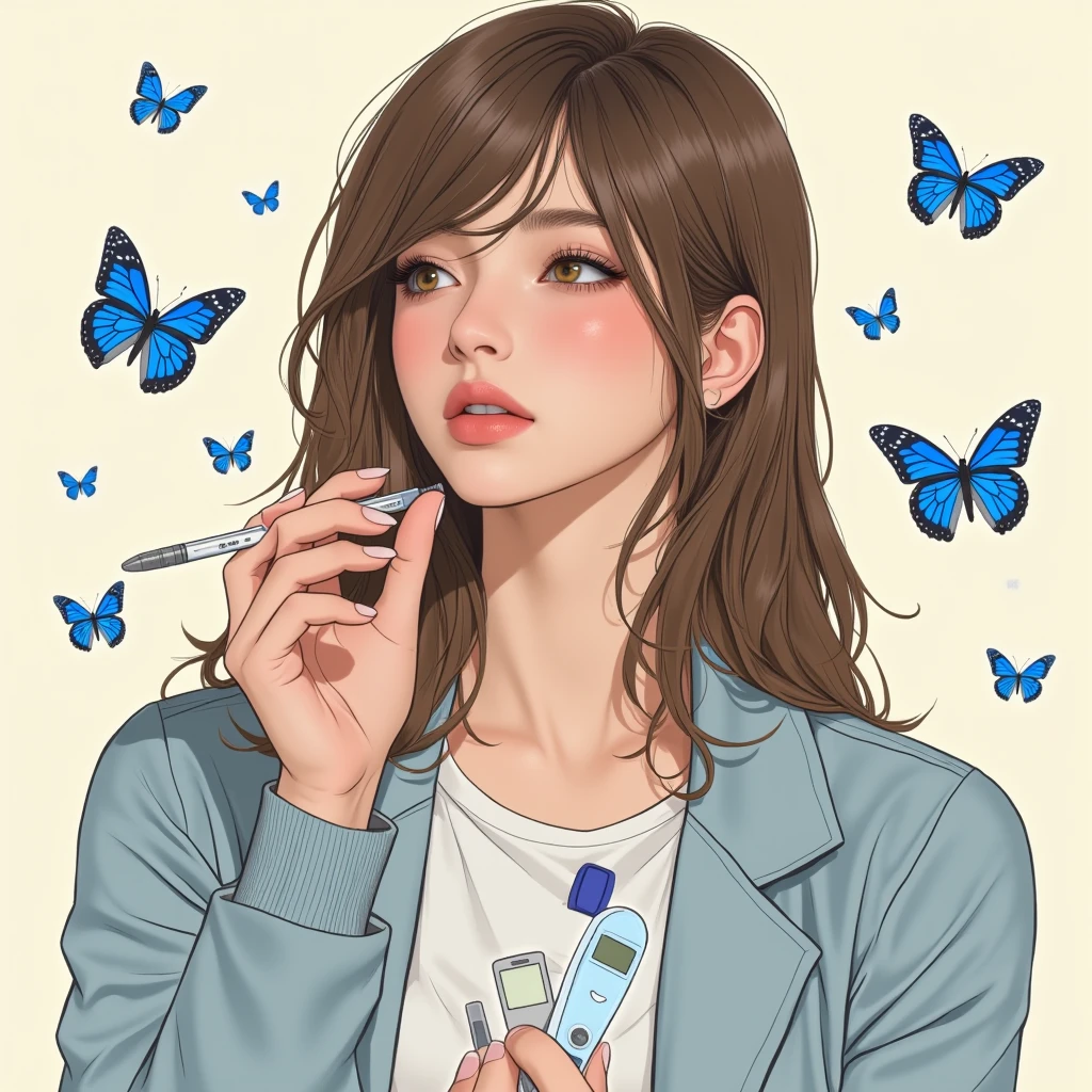  I would like to create an image related to diabetes, a young woman taking care of herself ,  applying pen insulin ,  with a glucose meter and lancets near her .  and having some blue butterflies surrounding the girl  