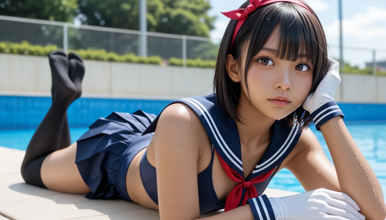  wet Japanese female middle school student 、masterpiece 、  top quality 、  ultra high definition、 realistic、 beautiful lighting arranged in an orderly manner、  RAW photos 、4K Ultra HD、  super detailed face、Clear Face、 shy expression 、Detailed eye、 beautiful eyes、1080P、 tan dark skin 、 beautifully manicured hair 、 black hair、 short bob cut , bangs、Strong sexual desire、 skinny young gravure idol 、 ((prone bone、Lay a mat))、(((Tight Small Breasts 、Separated Breasts 、 tight breasts)))、((( back shot 、 face close-up)))、Detailed eye detail，目 with beautiful details，  double eyelid ，  has long eyelashes、 Red Headband 、 white gloves 、compression shorts under skirts、((( small chest with tension、Separated Breasts 、 tight breasts)))、(( blue sky、Outdoor Pool、 blur background)),(((Wet Japanese Female Middle School Student 、 Red ribbon、 navy sailor color 、sailor cuffs、 pleated skirt 、 black high socks)))、( perfect anatomy)、   thin beautiful thighs 、 oily skin、Five fingers、Two arms、2 Legs 