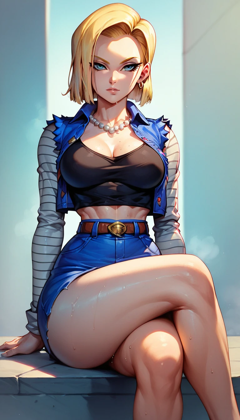 (masterpiece) ( top quality) (  Details) (8k) ( sharp concentration),  1 Woman , Android 18,  sexy waist , 足 focus, Sweaty legs,  crosses legs,