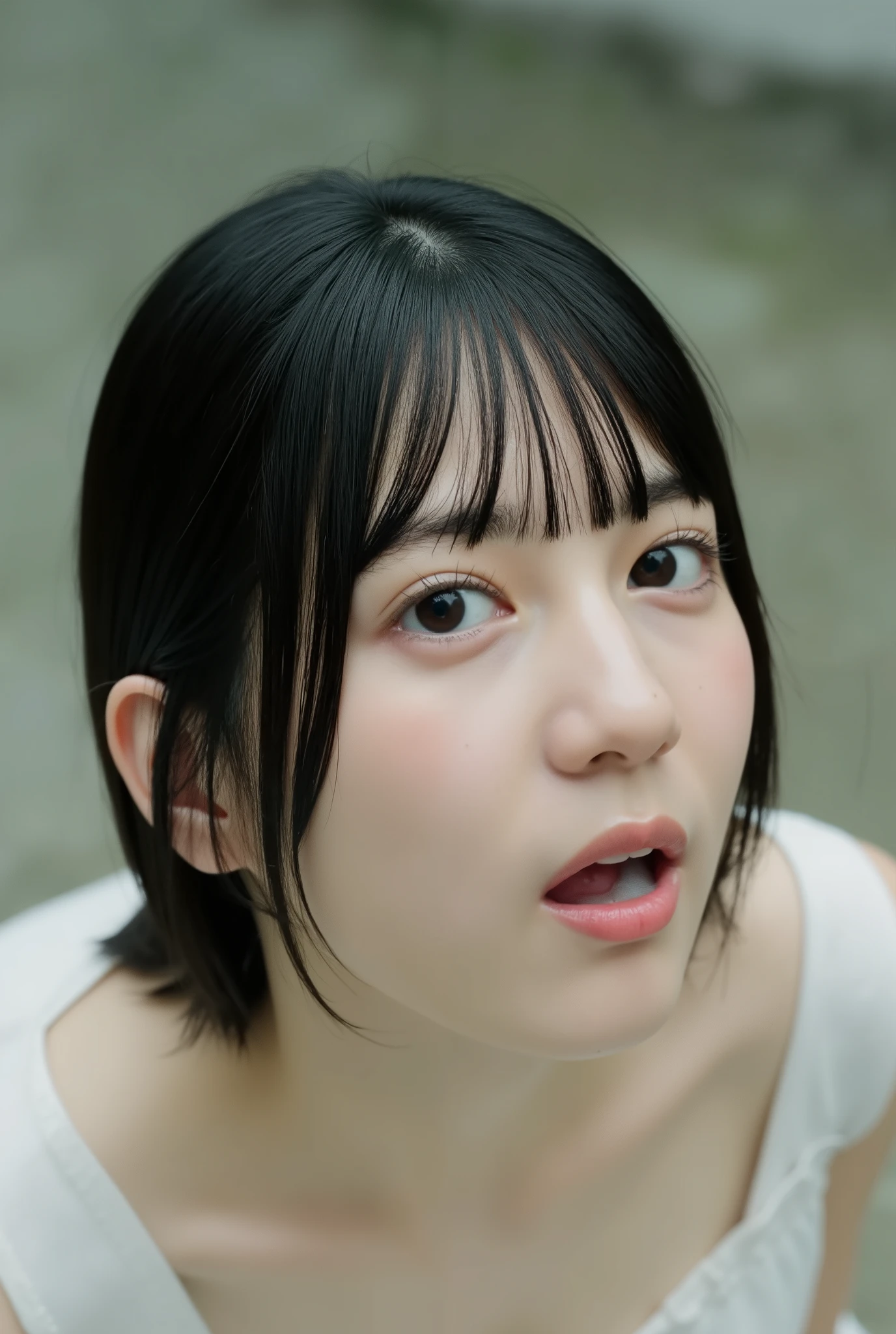 (The high resolution photograph of a young Japanese woman's disembodied head in a flower pot without flowers on the table), photo realistic, masterpiece, amazing quality, intricate details, professional lighting, close-up of her head, face focus, black hair with thick blunt bangs, detailed face, detailed eyes, sophisticated nose, (open mouth, cum in mouth:1.2), profile, view from above, looking up at the viewer, outdoors, daylight, tomak,