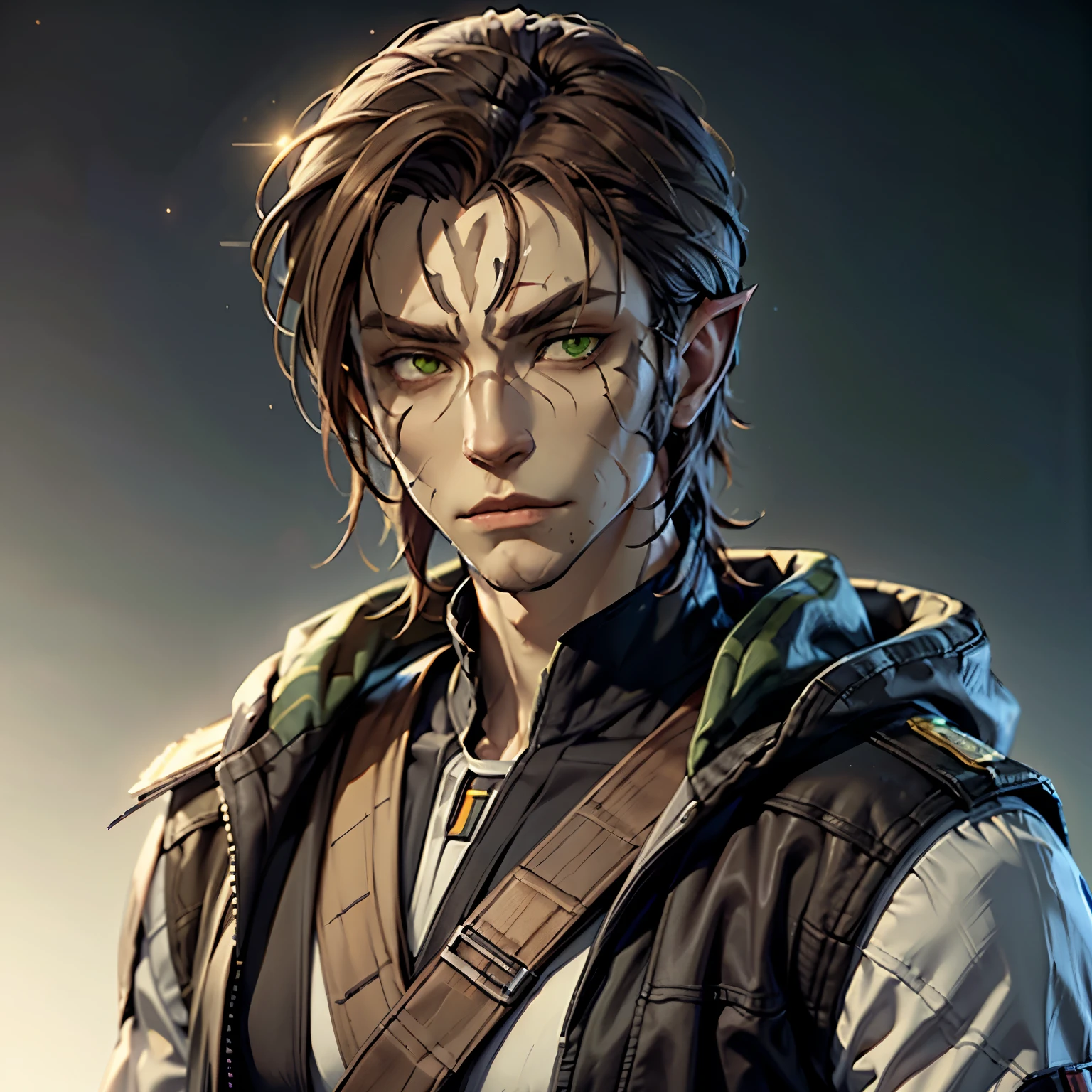 Cathar, solo, 1guy, male, masculine, brown hair, green eyes, looking at viewer, Star Wars Cathar Species, medium length hair, human hybrid, clean white background, humanlike