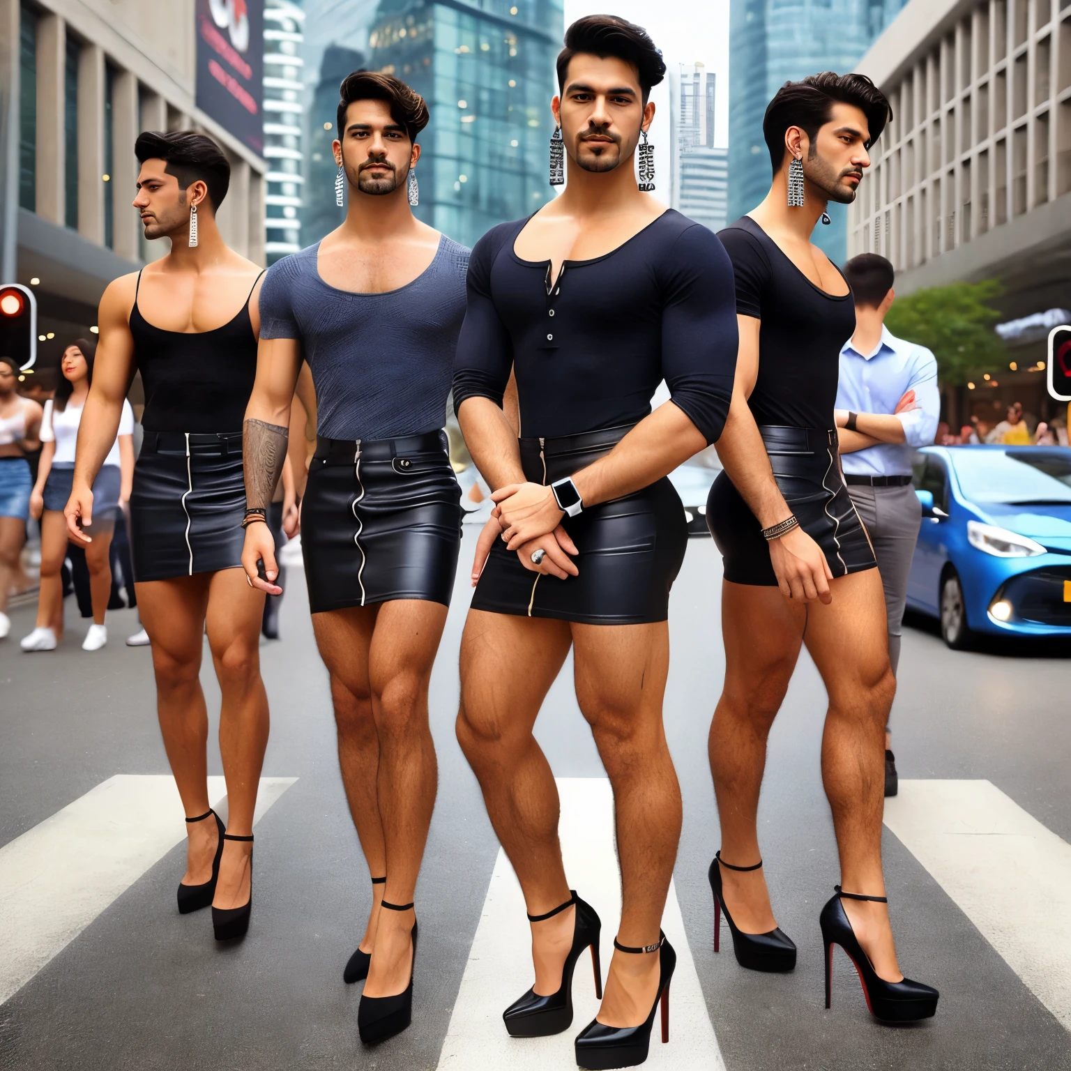 Muscular masculine hunk men with very short hair, in girly lingerie one pink one blue, one yellow one purple, stockings, padded bra, extreme high heels , lipstick and fake eyelashes