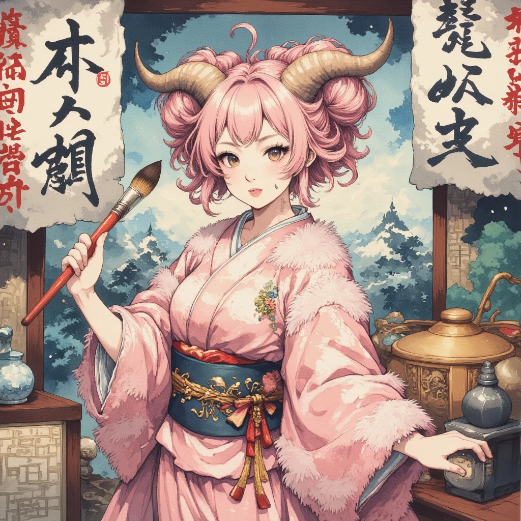 masterpiece:1.3,  highres icon:1.3, (Brush painting, Alone:1.2, Large brush letters written on paper "50,000" " thank you" ), One Girl \She has fluffy pink hair tied up:1.5\Round sheep horns:1.2\Thick eyebrows:1.1\Brave expression, smug face:1.5,  pink furry sleeve \long-sleeved kimono:1.5, Waving a human-sized brush :1.4, Large brush letters written on paper "50,000" " thank you" written on paper on the hanging scroll "50,000" break "50,000" Japanese style room:1.3,  vivid brush illustration, ( dynamic pose:1.3)