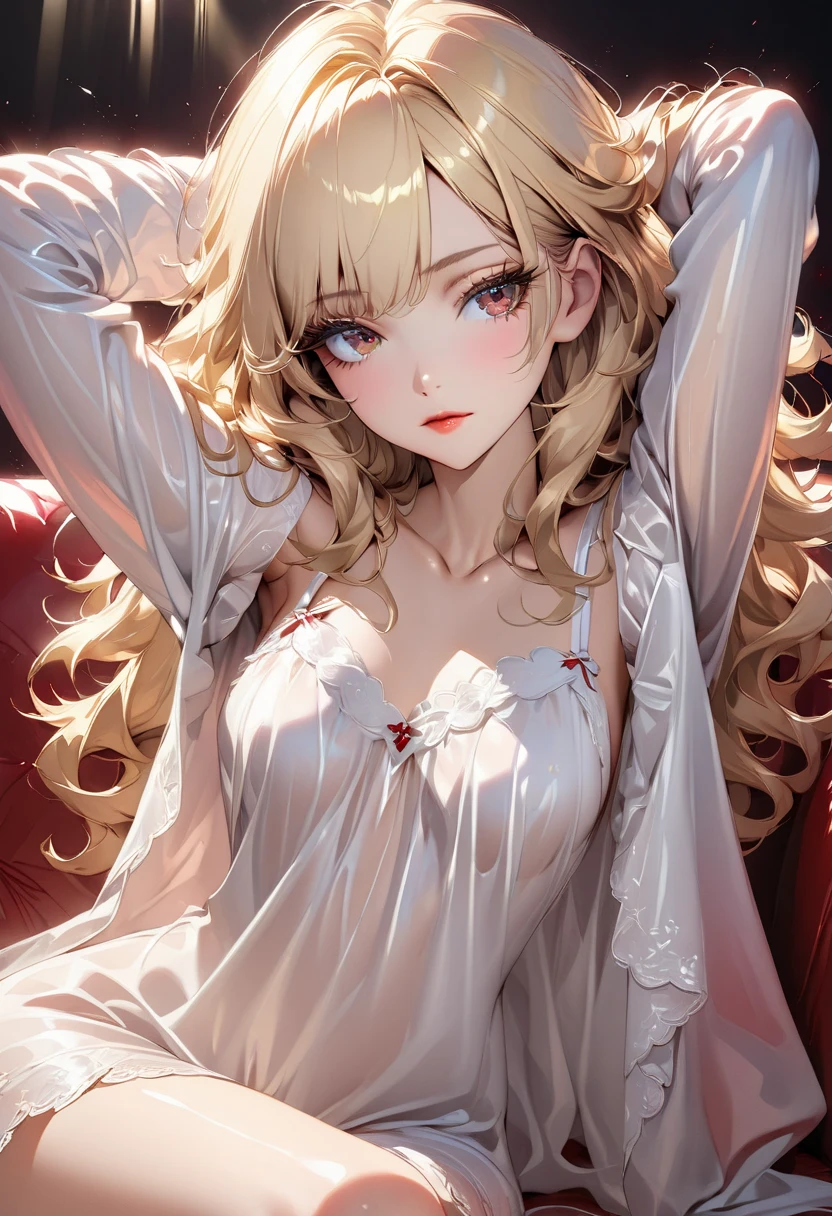 cool beauty, sitting on a sofa with her hands behind her head and looking slightly upwards, lost in thought, blonde long thick eyelashes, blonde shining glossy silky fluffy messy wavy hair, sexy beauty expression, lewd great body proportion, wearing lewd loose wearing white floral cute negligee, BREAK red glossy real lip, professional and perfect composition, extremely delicate depiction, extremely clear image, various effects, bold and dynamic, contrasts of light and shadow, 2.5D, artistic photography, hyper realistic, ultra detailed, absolutely resolution, masterpiece