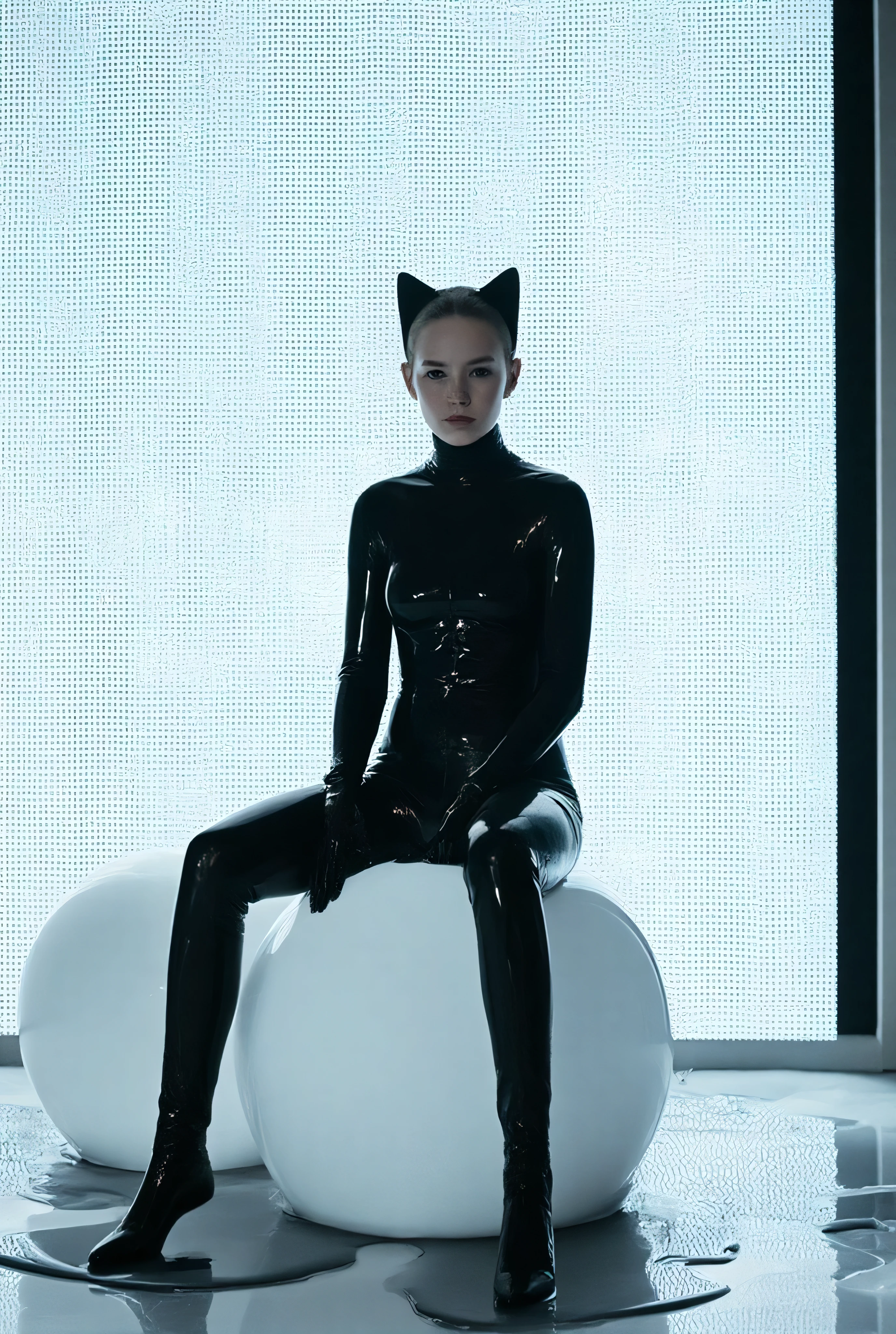 view on whole body, sitting on big white rubber ball, one very young skinny girl in thin oiled seamsless fullbody black catsuit, gloves, catears, big bright led screen in the background, slimy floor