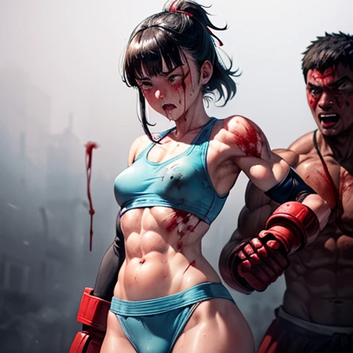 a male streetfighter and (bloody) beautiful Japanese female streetfighter are fighting in the backstreet. the male fighter is punching a face of the female fighter who has her back close to the wall. she is crying. they are covered in (blood) and (bruises). (Intense violence), her face is distorted by opponent's attack.they are damaged terribry. Short-cut black hair, out of breath, drooling from mouth, one eye is closed, exhausted, drenched in sweat. Erect nipples. open finger glove. tanktop, denimshorts, Whittled waistline, muscular, sixpack abs, small breasts