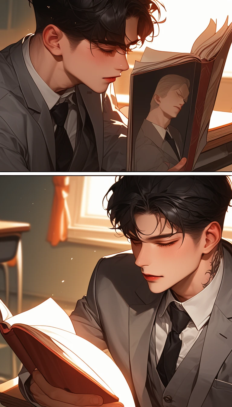  comic style， comic split lens，Multiple storyboards，一个男生学生 is handsome，Reading，Then turn your head and look at the camera ，Korean school uniform，Gray suit, school uniform ，On the table， sunlight shines on his face， Sunny ，Korean comic style，Young and energetic， is in good shape ， is handsome，韩国 comic style，charming， is handsome，Tattoo