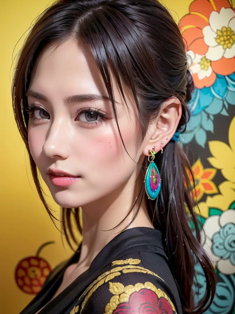 shukezouma, octane render, hdr, (hyperdetailed:1.15), (soft light, sharp:1.2), 1girl, beautiful girl, ultra detailed eyes, mature, plump, thick, rainbow painting drops, paint teardrops, woman made up from paint, entirely paint, splat, splash, long colored hair, kimono made from paint, ultra detailed texture kimono, rainbow paint kimono, paint bulb, paint drops, (hair ornaments, earrings, flowers hair ornaments, butterflies hair ornaments), outdoors, sakura trees