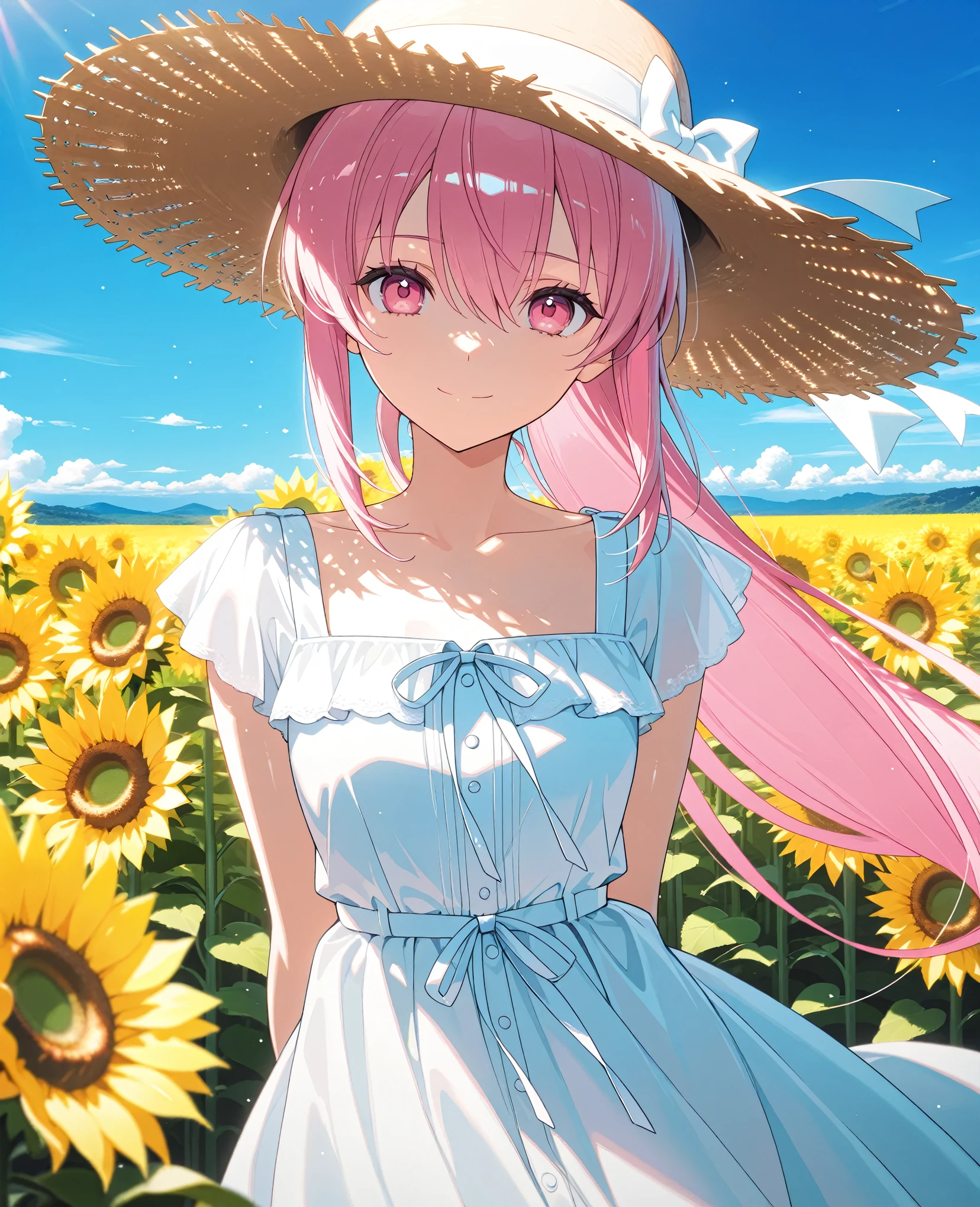 1girl, solo, flower, sunflower, hat, dress, long hair, ribbon, twintails, hair ornament, hair flower, straw hat, sundress, wind lift, wind, orange eyes, tan, smile, thigh gap, pink hair, blush,<lora:Carnelian_XL:0.8>,