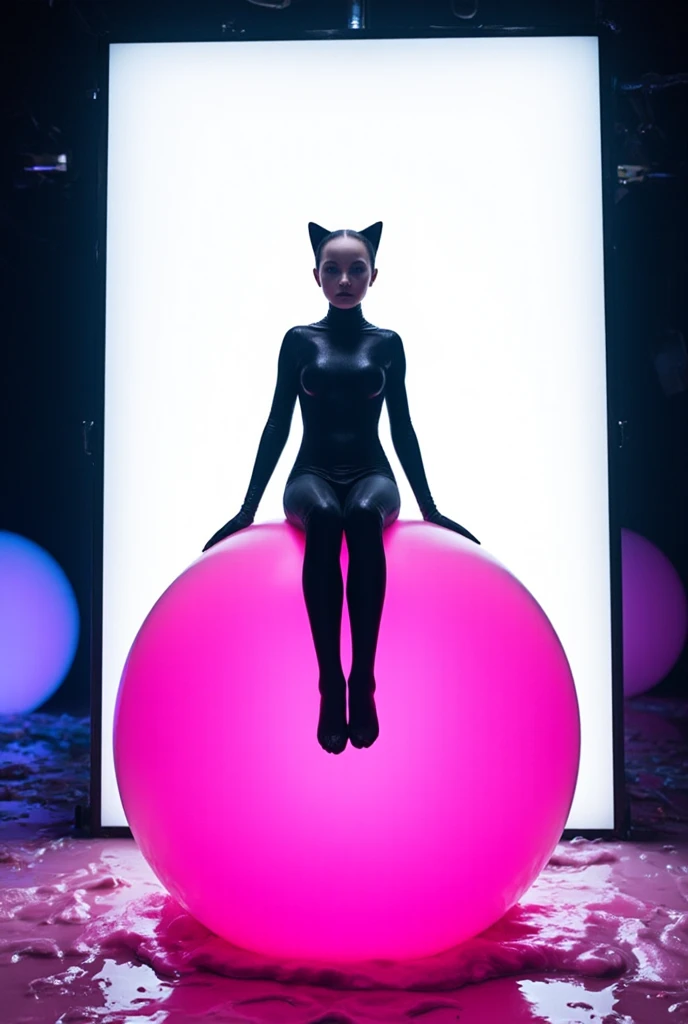 view on whole body, sitting on big pink rubber ball, one very young skinny girl in thin oiled seamsless fullbody black catsuit, gloves, catears, big bright led screen in the background, slimy floor