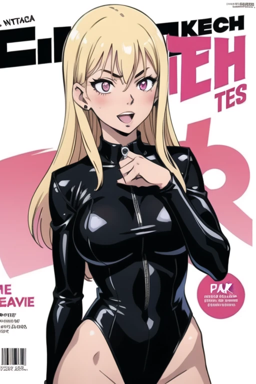 Selene, ftselenecas, long hair, blonde hair, pink eyes, mature female, large breasts, magazine cover, fake magazine cover, cover, fake cover, price, cover page, text focus, barcode, content rating, dated, open mouth, splashing, smile, blush, female warrior (She wears a black leather tight leotard with metal studs.:1.3), cowboy shot, dutch angle