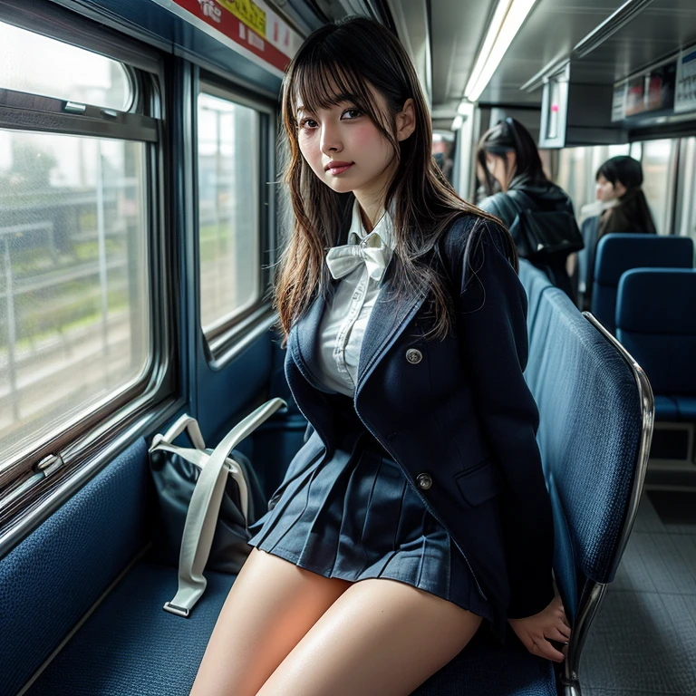 (RAW photo:1.2), (realistic), beautiful detailed girl, very detailed eyes and face, beautiful and detailed eyes, huge file size, High resolution, very detailed, highest quality, [table top:1.6], shape, very detailed, small details, highest quality, 8k wallpaper, movie lighting,15-year-old female student, Sitting on the train, Exposing pants,Sitting with your knees upright, looking at smartphone, school uniform, white panties, on the train, The skirt of the uniform was lifted up,  スカートからwhite panties, school uniform, bag,  long hair, mask, slim body, young face, small breasts