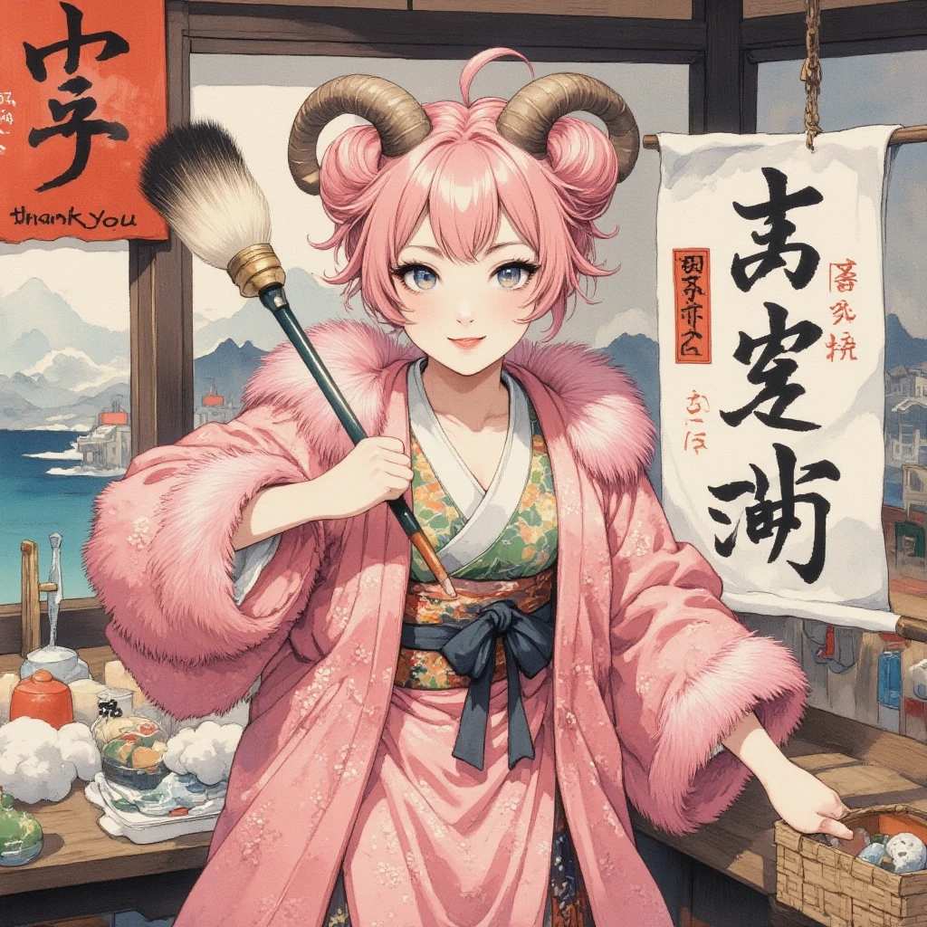 masterpiece:1.3,  highres icon:1.3, (Brush painting, Alone:1.2, Large brush letters written on paper "50,000" " thank you" ), One Girl \She has fluffy pink hair tied up:1.5\Round sheep horns:1.2\Thick eyebrows:1.1\Brave expression, smug face:1.5,  pink furry sleeve \long-sleeved kimono:1.5, Waving a human-sized brush :1.4, Large brush letters written on paper "50,000" " thank you" written on paper on the hanging scroll "50,000" break "50,000" Japanese style room:1.3,  vivid brush illustration, ( dynamic pose:1.3)