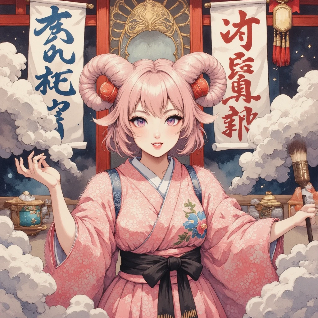 masterpiece:1.3,  highres icon:1.3, (Brush painting, Alone:1.2, Large brush letters written on paper "50,000" " thank you" ), One Girl \She has fluffy pink hair tied up:1.5\Round sheep horns:1.2\Thick eyebrows:1.1\Brave expression, smug face:1.5,  pink furry sleeve \long-sleeved kimono:1.5, Waving a human-sized brush :1.4, Large brush letters written on paper "50,000" " thank you" written on paper on the hanging scroll "50,000" break "50,000" Japanese style room:1.3,  vivid brush illustration, ( dynamic pose:1.3)