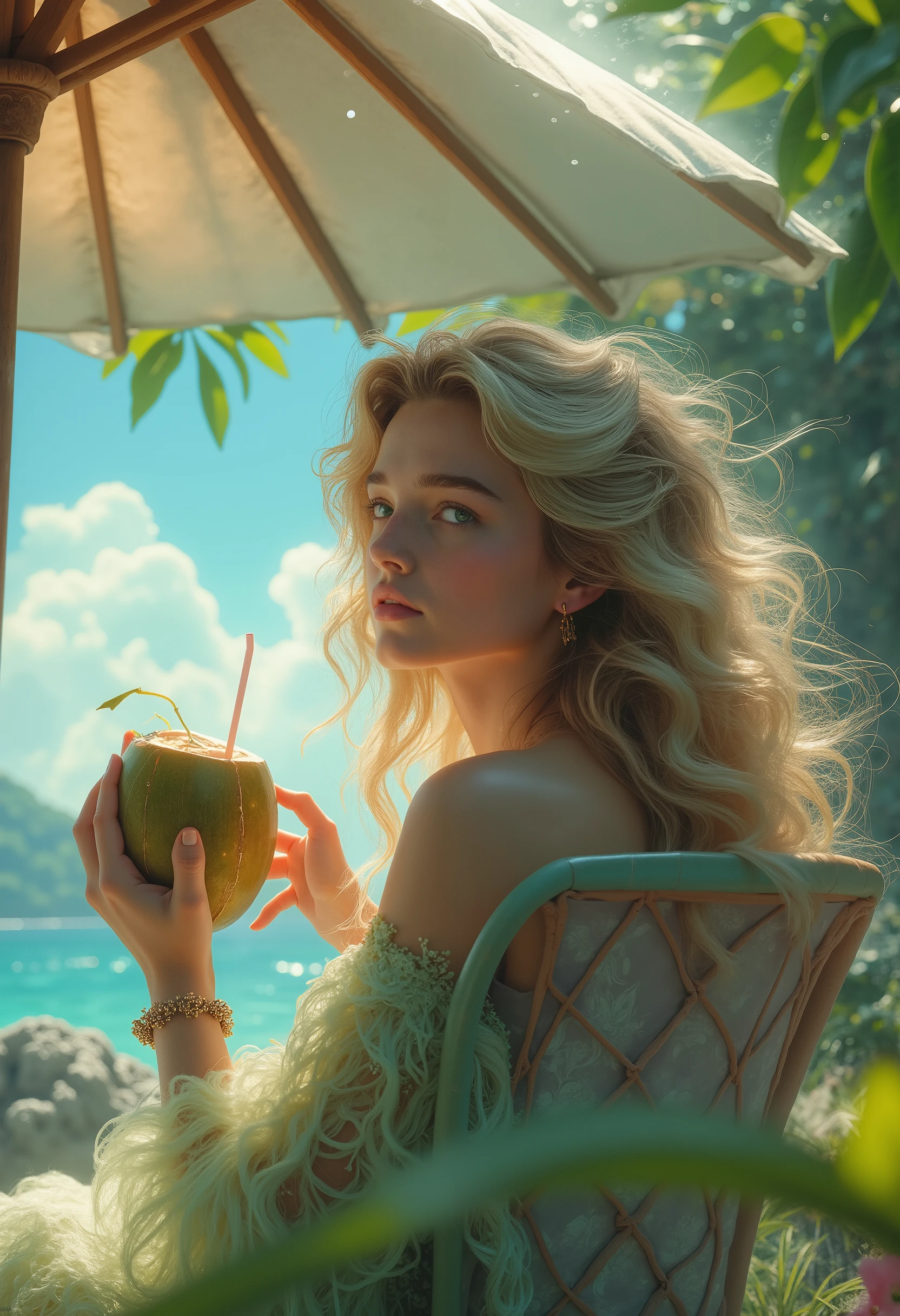 Beautiful Magic Background with Different Fog and Haze Beautiful , Girl Whose Beauty Overshadows Heaven , Her Eyes Represent Kindness and Tenderness of a greenish color , Beautiful hair Beautiful curvy , Light Makeup , Very Charming in a Beautiful Light Greenish-Purple Dress with Patterns, A small wrist bracelet is beautiful , smile sweet, Coconut with a straw in her hand , Sits on a beautiful Chair under an Umbrella with Beautiful Sea View , Warm Summer Day beautiful clouds and bright colors , masterpiece fails, 8 k, maximum details, complex details , best quality , Fantasy,
