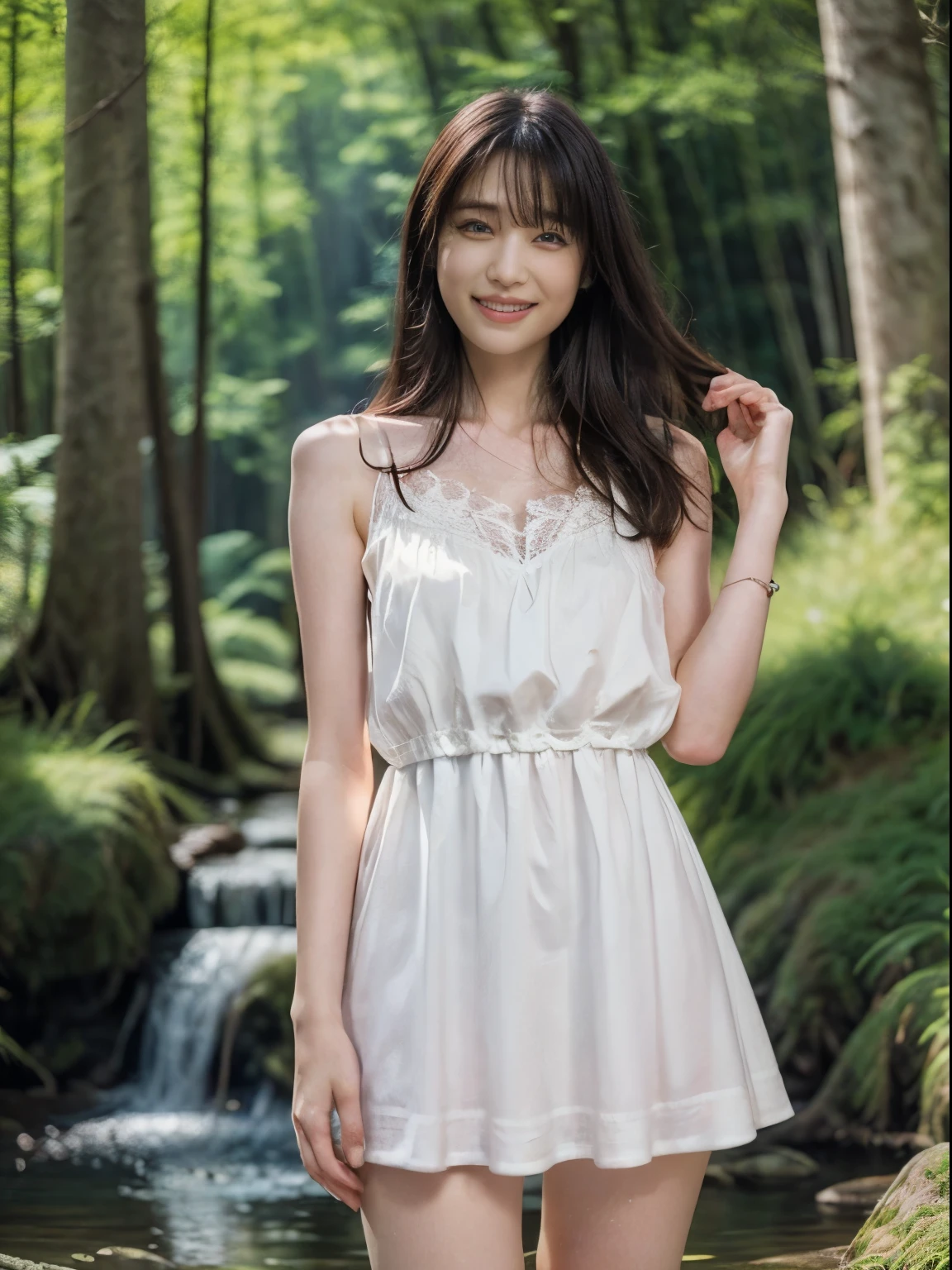 (top-quality), Realistic, (real picture, Intricate details), ((1girl, pale skin, skinny body)), standing in forest, huge waterfall, ((white camisole dress, lace dress, sleeveless)), thighs, smile, natural lighting