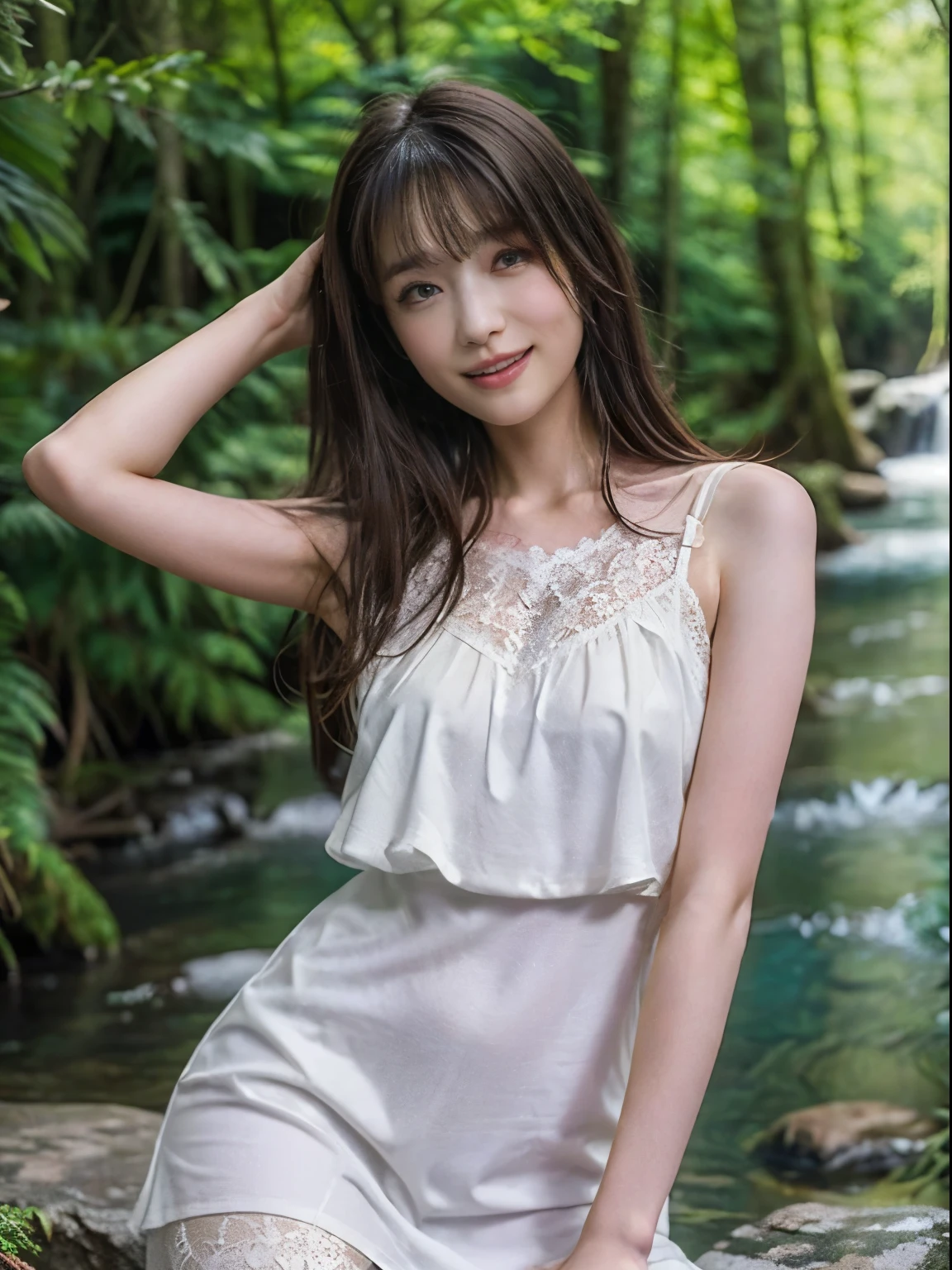 (top-quality), Realistic, (real picture, Intricate details), ((1girl, pale skin, skinny body)), standing in forest, huge waterfall, ((white camisole dress, lace dress, sleeveless)), thighs, smile, natural lighting