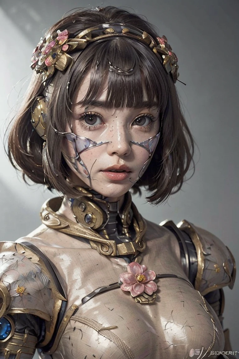 (masterpeace), ((super real photography: 1.5)), ((photo realistic: 1.3)), (real photo), 
young girl with a lot of flowers, ((A young girl robot: 1.5)),  (bust statue: 1.3), 
BREAK
headgear, ((real metalic skin)), ((beautiful face: 1.5)), ((Super cute: 1.5)), ((babyface: 1.5)), ((well-balanced face)), (downcast eyes: 1.5), longeyelashes, stunning big eyes, luscious glossy lips, ((blunt bangs: 1.5)), (long hair), 
BREAK
(slender body: 1.3), petite bust, flower bloom, (flowers: 1.5),
BREAK
High-Mechanic body, octane rendering, Super Detailed machine, ((connected electric cables)), 
BREAK
(simple background: 1.3), ((bust shot: 1.3)), cinema quality, professional photograph, (photo studio: 1.5), (Bright Light: 1.2), Eye-Level Shot, wide lens, (fujifilm 35mm), (film photo), RAW, Excessive Embellishment, UHD, 
BREAK
anatomically correct, textured skin, best quality, 8k