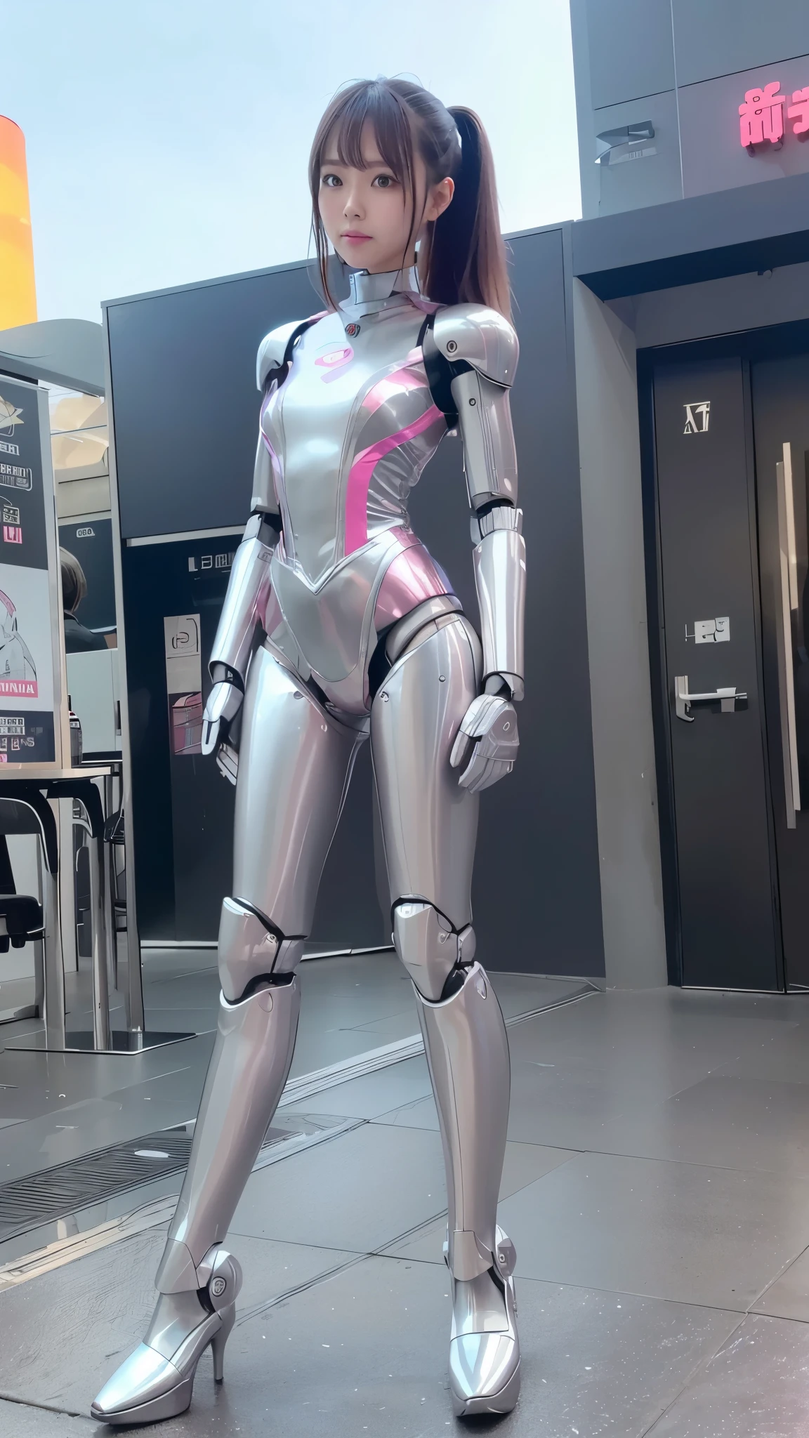 Robot Girl, pink there, Silver, Metallic body, Robot Parts, Metal Parts, Super Detailed Face, Super well-formed face, of the highest quality, a small face, small head, Brown hair, Slender body, Camera gaze, Internal Mechanical Exposure, Idol, front facing, Well-proportioned body, sale, Exhibited, Event Hall, Moe Pose, Standing with legs open, Model body type, sad,(Perfect Robot Girl),(Perfect machine body)