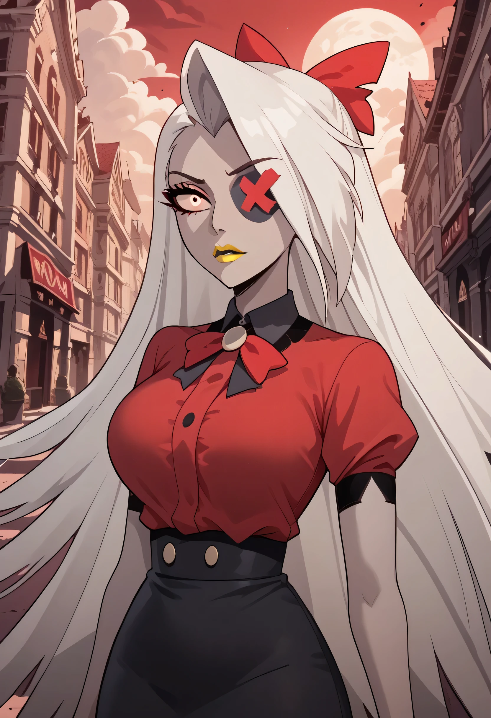 woman, big breasts, white hair, gray skin, yellow lipstick, anime style, white eyes, long hair, red bow, red X eye patch, red blouse, black skirt, Vaggie, Hotel, Hell