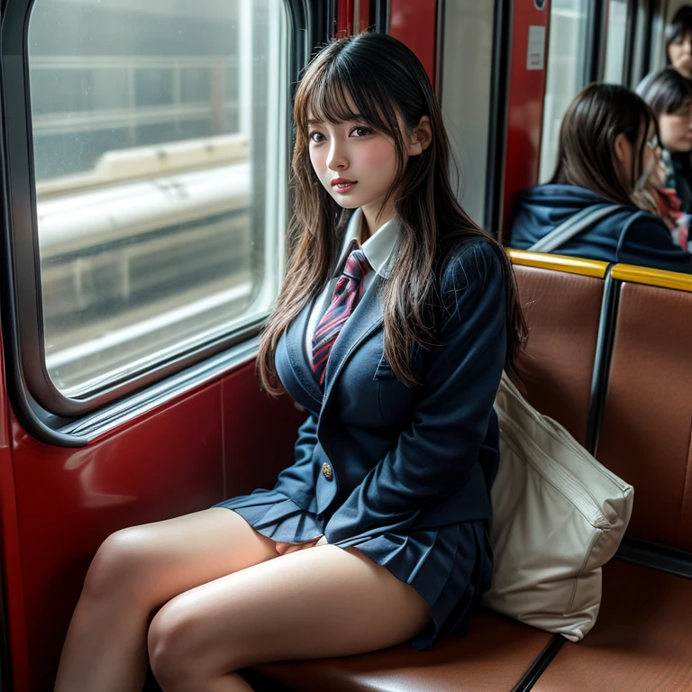 (realistic、Like a photograph、live action、8k, Photoreal, RAW photo, best image quality: 1.4), Single-lens reflex camera、RAW photo, highest quality, realistic, Highly detailed CG Unity 8k wallpaper, Depth of written boundary, cinematic light, Lens flare, ray tracing, realistic background、(school uniform:1.4、check pleated skirt:1.1、cleavage:1.37、big breasts、knee socks:1.2)、((super dense skin))、 1 girl,cute japanese girl、Japanese high school girl、((whole body:1.5)、chikan:1.2,my butt is touched、looking at the viewer:1.1、embarrassed look、random hairstyle:1.2、i like the style、Snazzy、Super detailed、pay attention to details、short bob、perfect costume、(black skin)、beautiful feet:1.1,take the subway、View from the front、thighs、panty shot