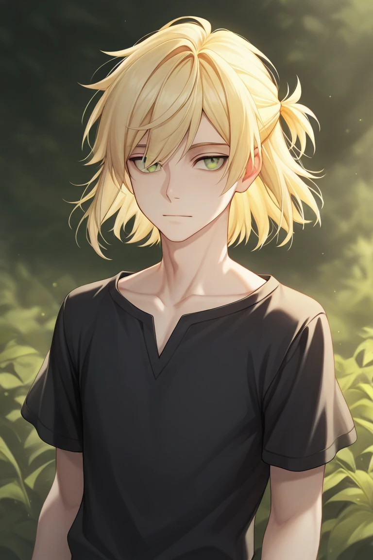 1boy,blonde,green eyes,short hair,side part,feathered bangs,half-up,unkempt hair,fair skin, calm atmosphere,black short sleeve