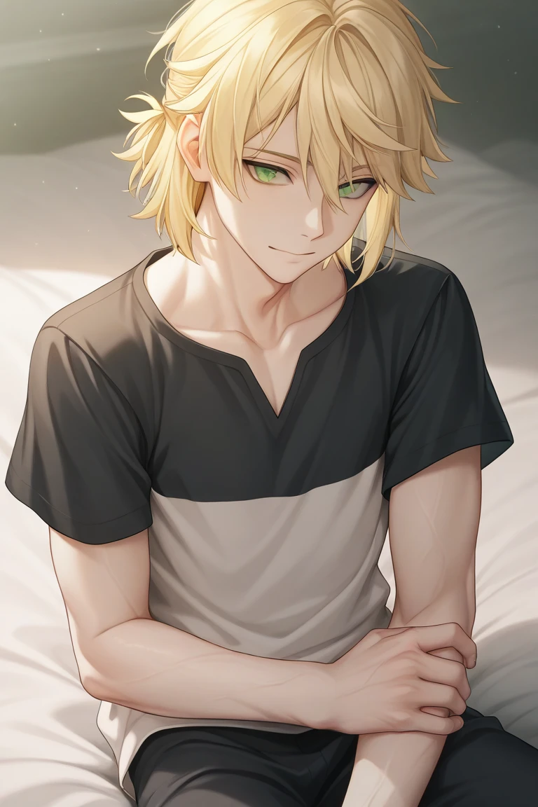 1boy,blonde,green eyes,short hair,side part,feathered bangs,half-up,unkempt hair,fair skin, calm atmosphere,black short sleeve